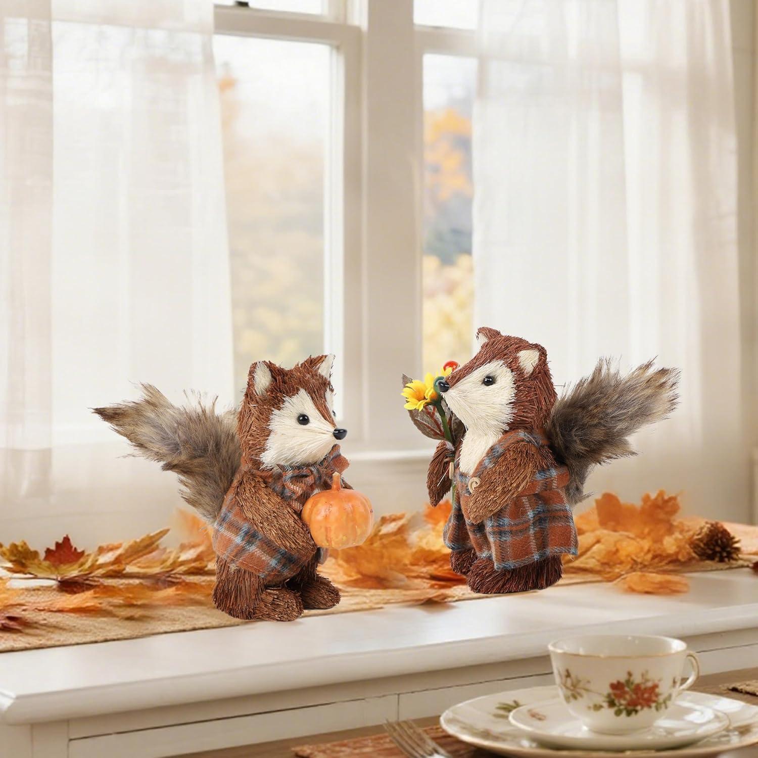 imagewinemana 2 Pack Fall Decor Fox Thanksgiving Decorations Indoor Sisal Foxes for Home Table Centerpiece Handmade Autumn Woodland Animal Friend Figurines with Pumpkin for Shelf Office Dcorstyle 2