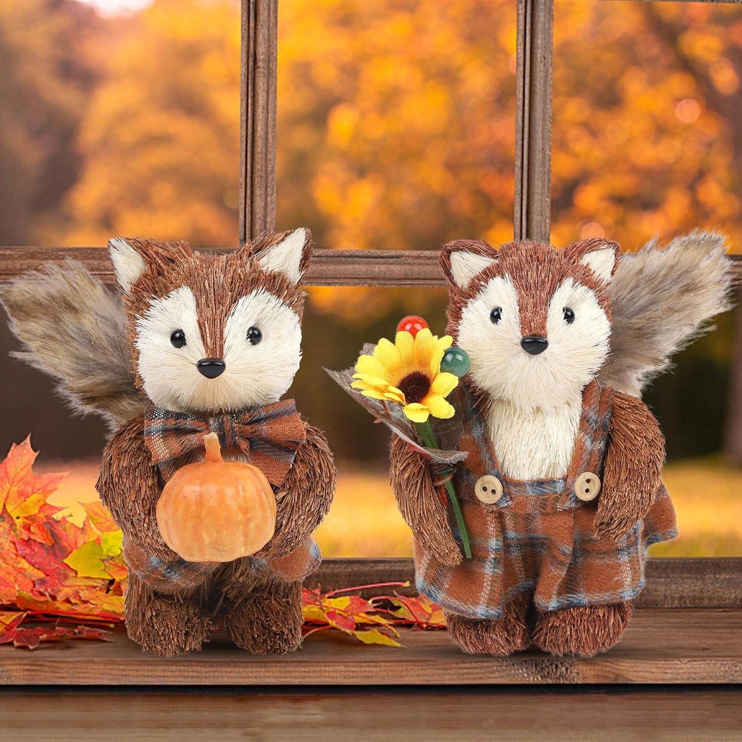 imagewinemana 2 Pack Fall Decor Fox Thanksgiving Decorations Indoor Sisal Foxes for Home Table Centerpiece Handmade Autumn Woodland Animal Friend Figurines with Pumpkin for Shelf Office Dcorstyle 2