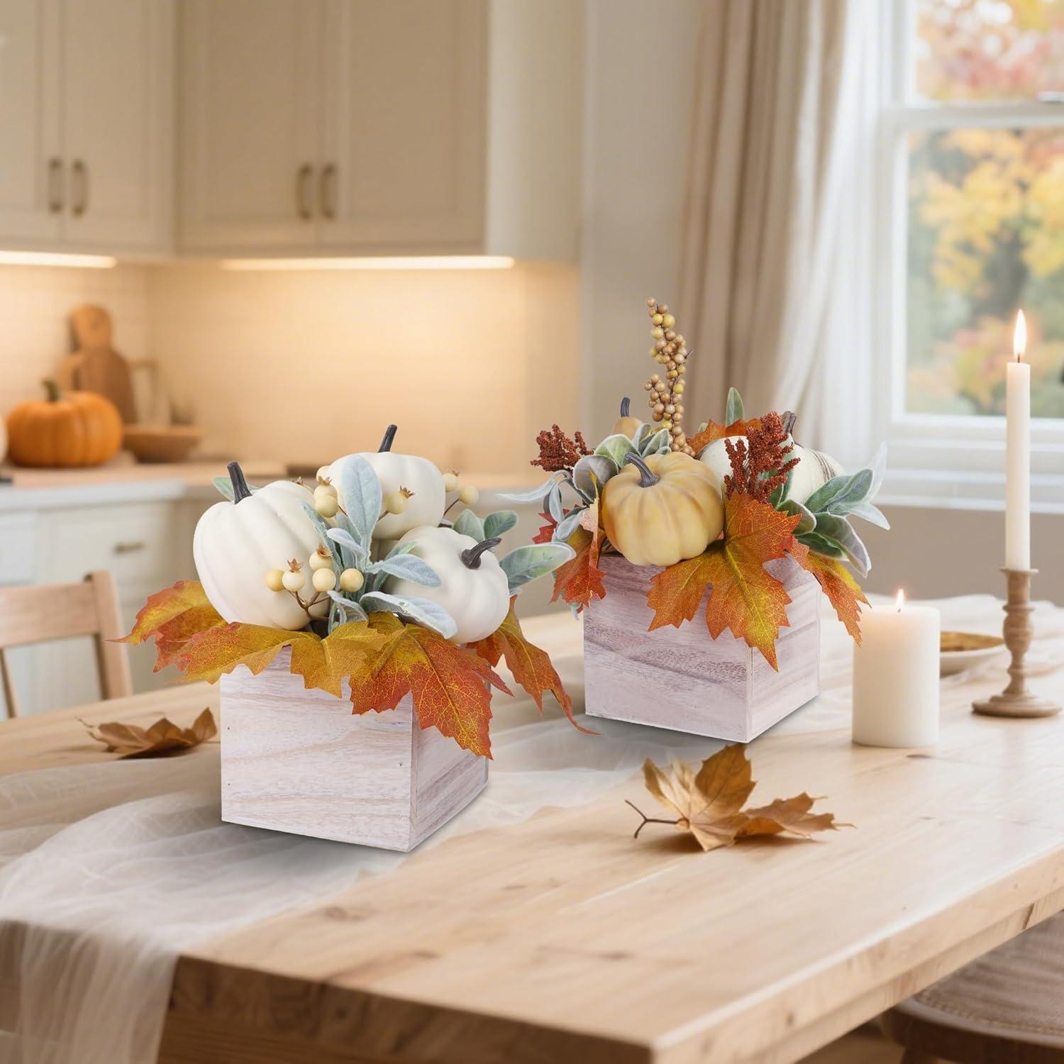 imagewinemana 2 Pack Fall Decorations for Home  Artificial Pumpkin Gourd Berries ampamp Leaves in Wood Vase  Autumn Table Centerpiece for Dining Mantel Indoors