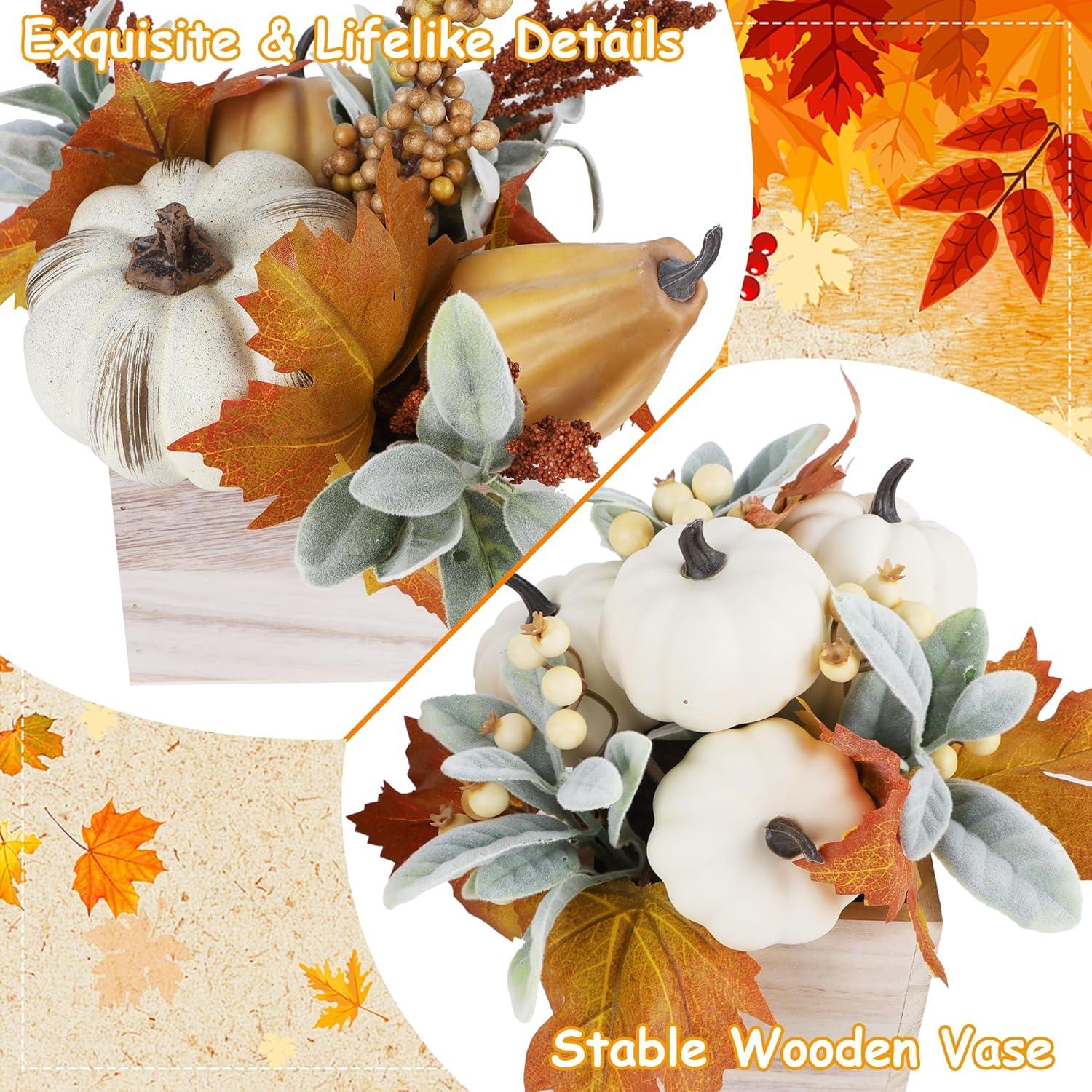 imagewinemana 2 Pack Fall Decorations for Home  Artificial Pumpkin Gourd Berries ampamp Leaves in Wood Vase  Autumn Table Centerpiece for Dining Mantel Indoors