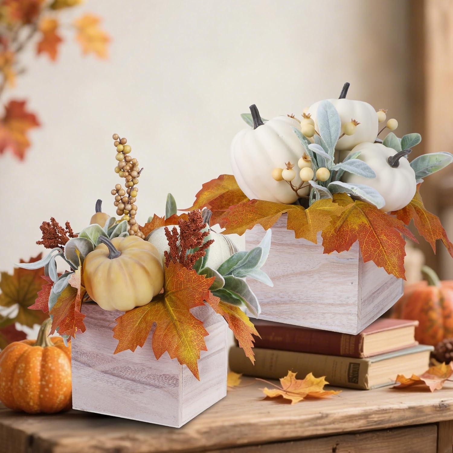 imagewinemana 2 Pack Fall Decorations for Home  Artificial Pumpkin Gourd Berries ampamp Leaves in Wood Vase  Autumn Table Centerpiece for Dining Mantel Indoors