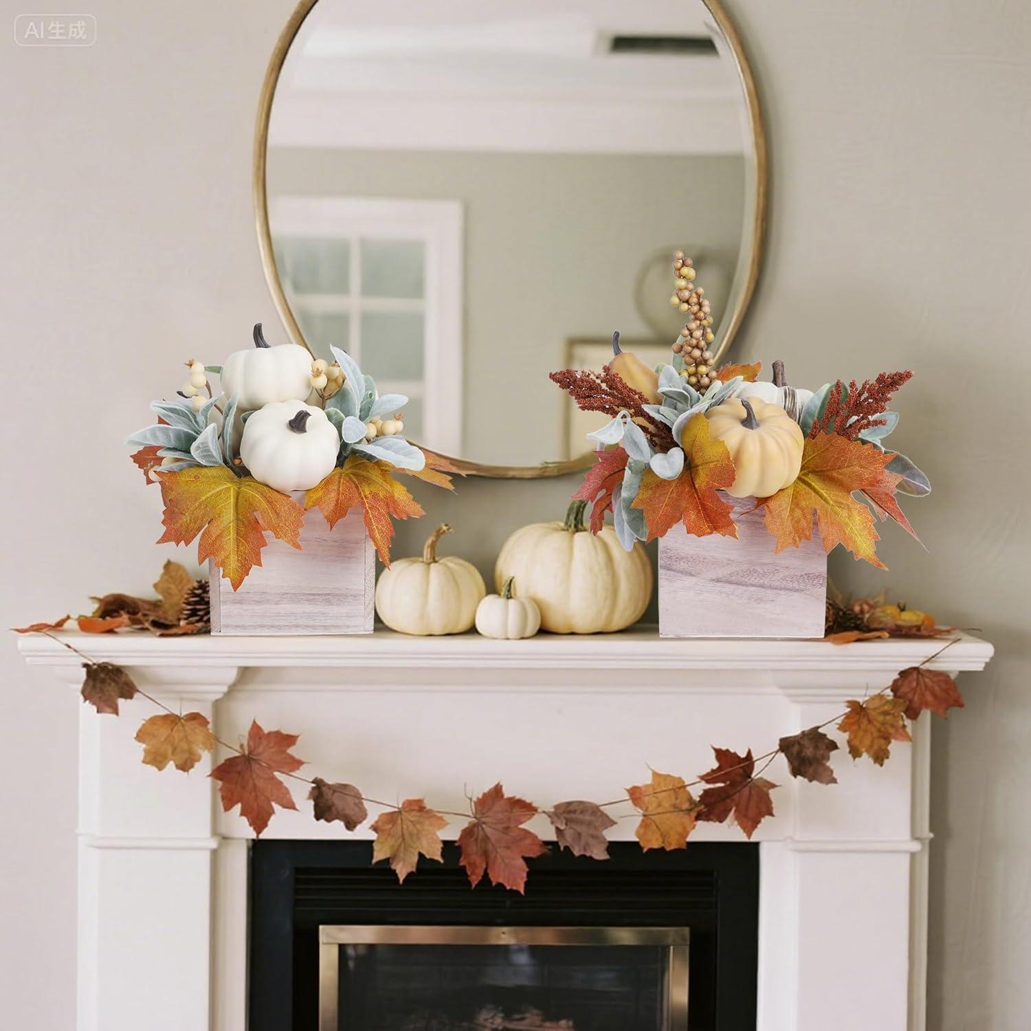 imagewinemana 2 Pack Fall Decorations for Home  Artificial Pumpkin Gourd Berries ampamp Leaves in Wood Vase  Autumn Table Centerpiece for Dining Mantel Indoors