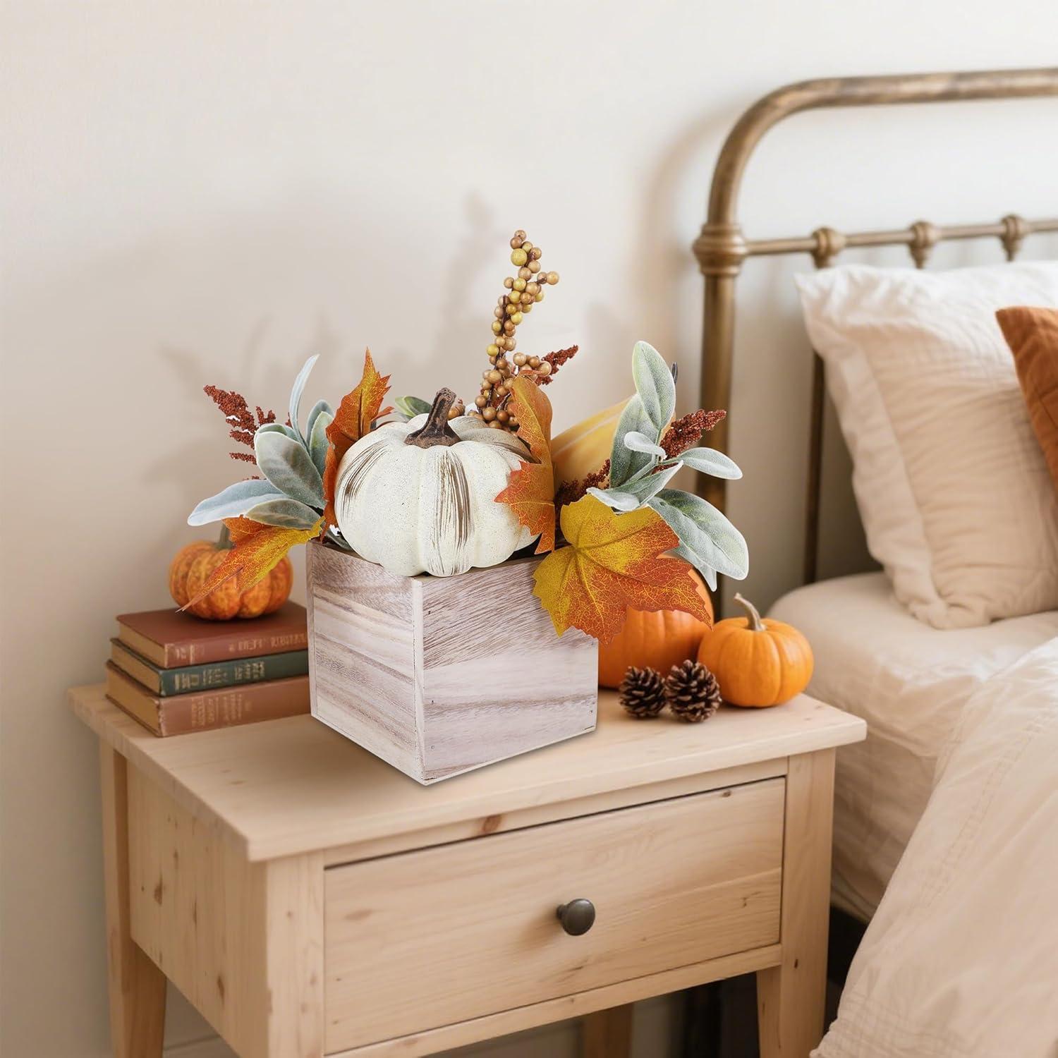 imagewinemana 2 Pack Fall Decorations for Home  Artificial Pumpkin Gourd Berries ampamp Leaves in Wood Vase  Autumn Table Centerpiece for Dining Mantel Indoors