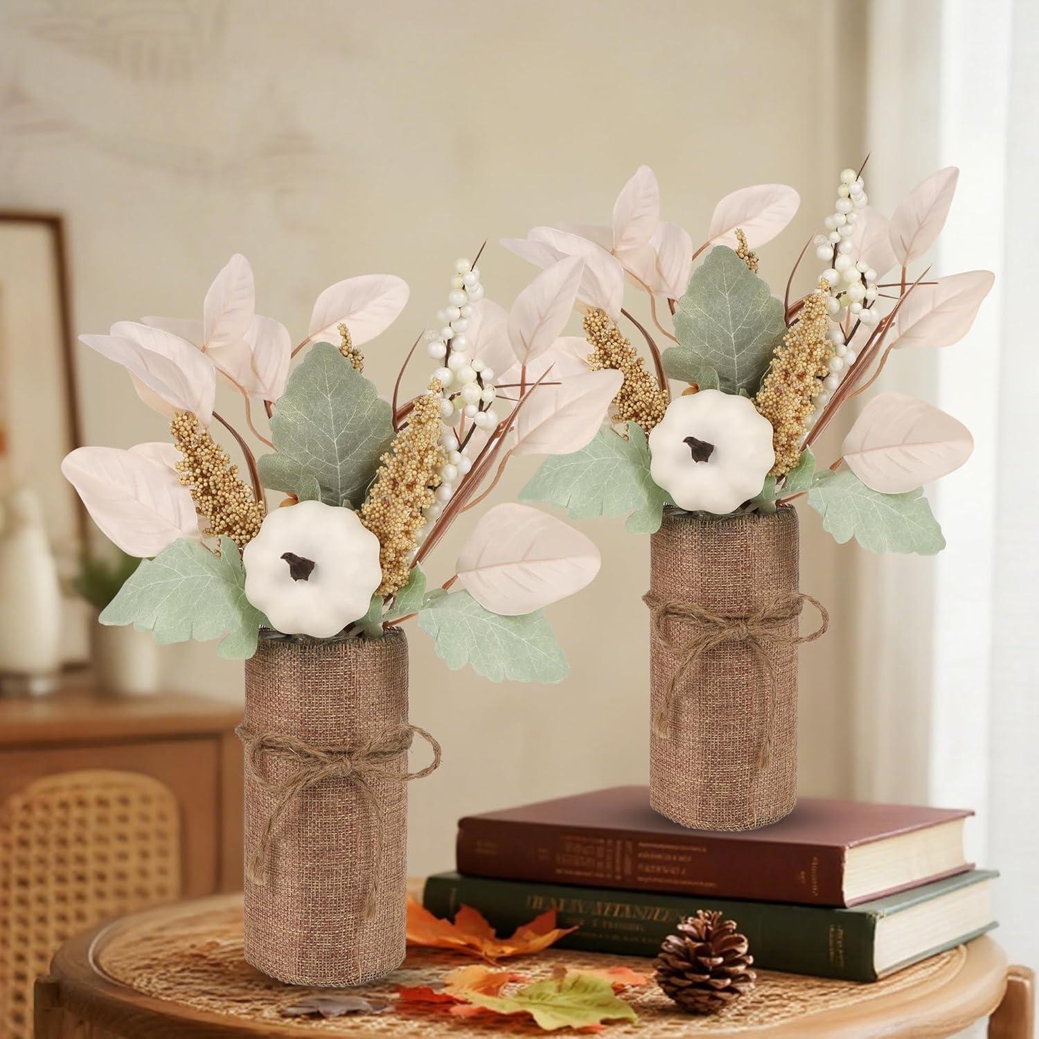 imagewinemana 2 Pack Fall Table Decor Fake Pumpkin Leaf Berry Dining Table Centerpiece Thanksgiving Decorations for Harvest Wedding Room Home Farmhouse Porch