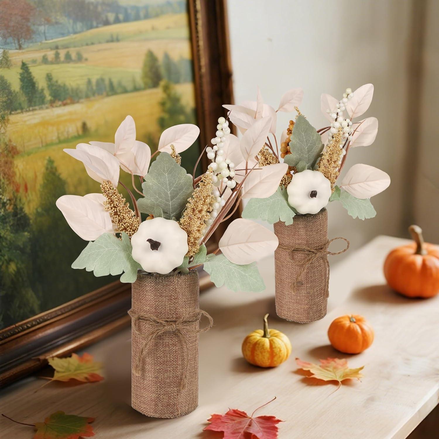 imagewinemana 2 Pack Fall Table Decor Fake Pumpkin Leaf Berry Dining Table Centerpiece Thanksgiving Decorations for Harvest Wedding Room Home Farmhouse Porch