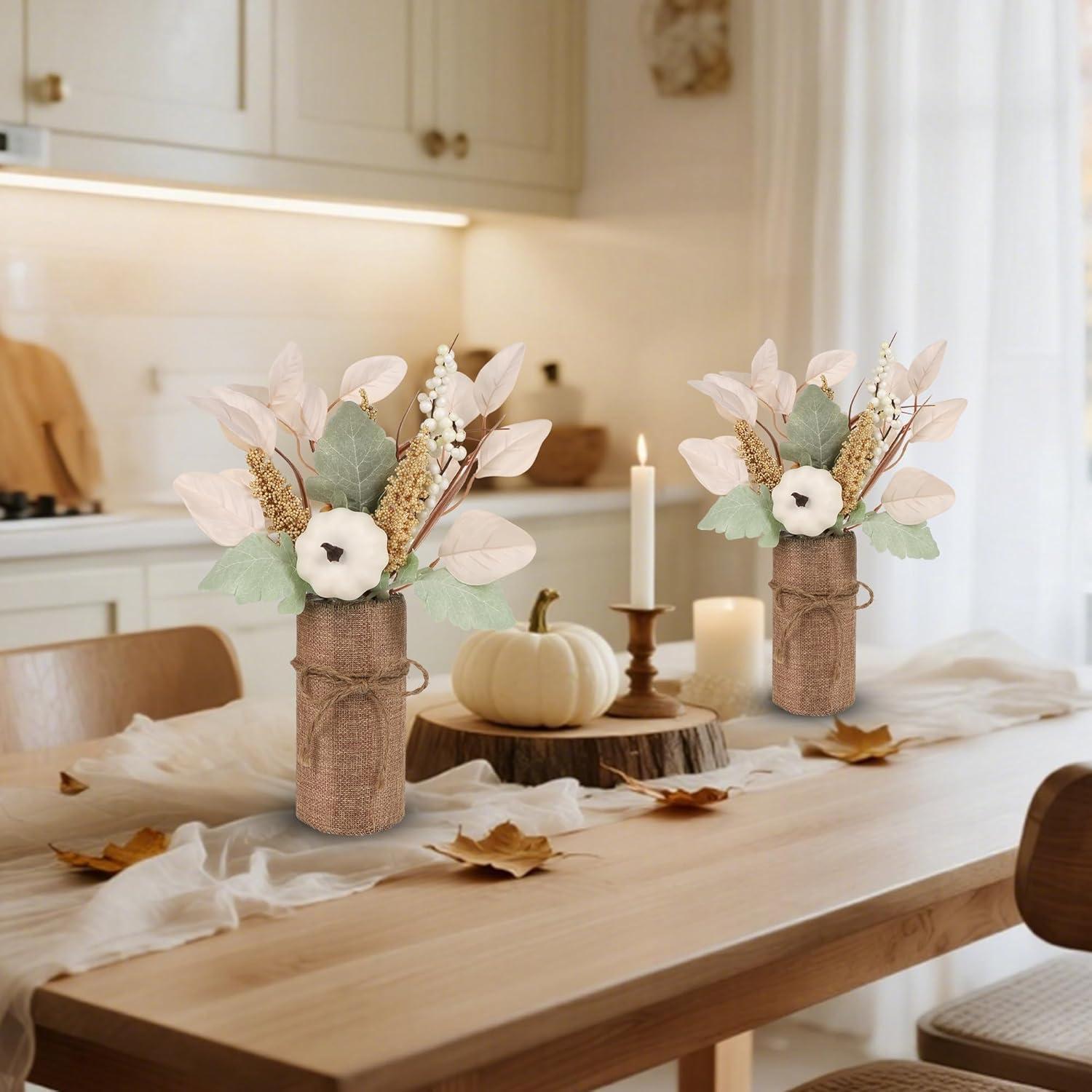 imagewinemana 2 Pack Fall Table Decor Fake Pumpkin Leaf Berry Dining Table Centerpiece Thanksgiving Decorations for Harvest Wedding Room Home Farmhouse Porch