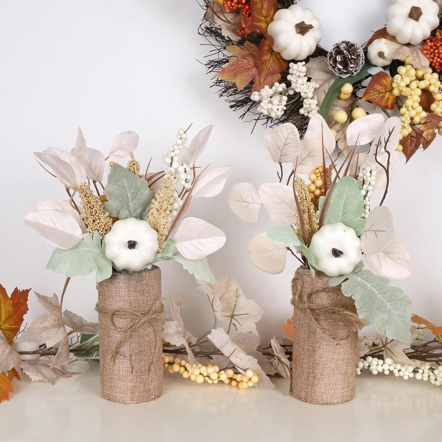 imagewinemana 2 Pack Fall Table Decor Fake Pumpkin Leaf Berry Dining Table Centerpiece Thanksgiving Decorations for Harvest Wedding Room Home Farmhouse Porch