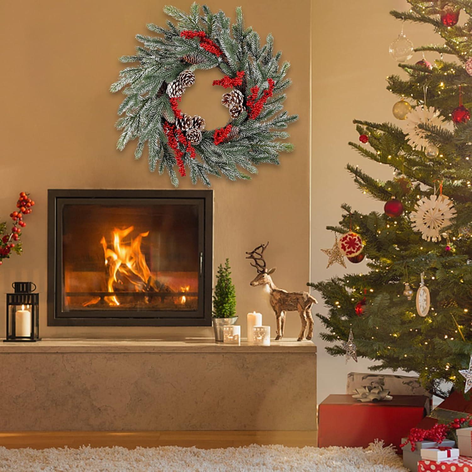 imagewinemana 24 Inch PreLit Christmas Wreath with Hanger Timer Pine Cone and Red Berries BatteryOperated 20 LED Lighted Artificial Wreath Decoration for Front Door Mantel Xmas Party