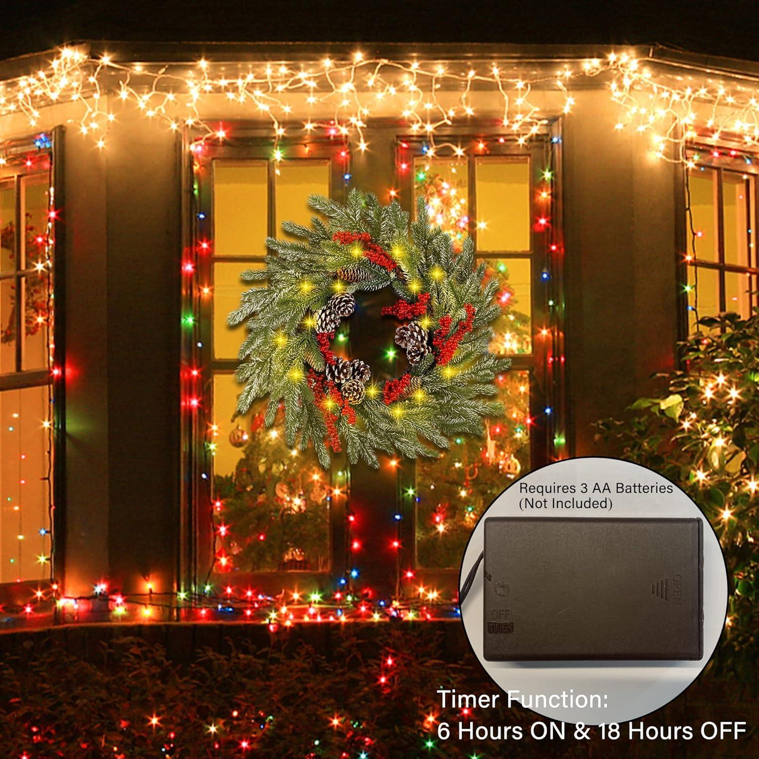 imagewinemana 24 Inch PreLit Christmas Wreath with Hanger Timer Pine Cone and Red Berries BatteryOperated 20 LED Lighted Artificial Wreath Decoration for Front Door Mantel Xmas Party