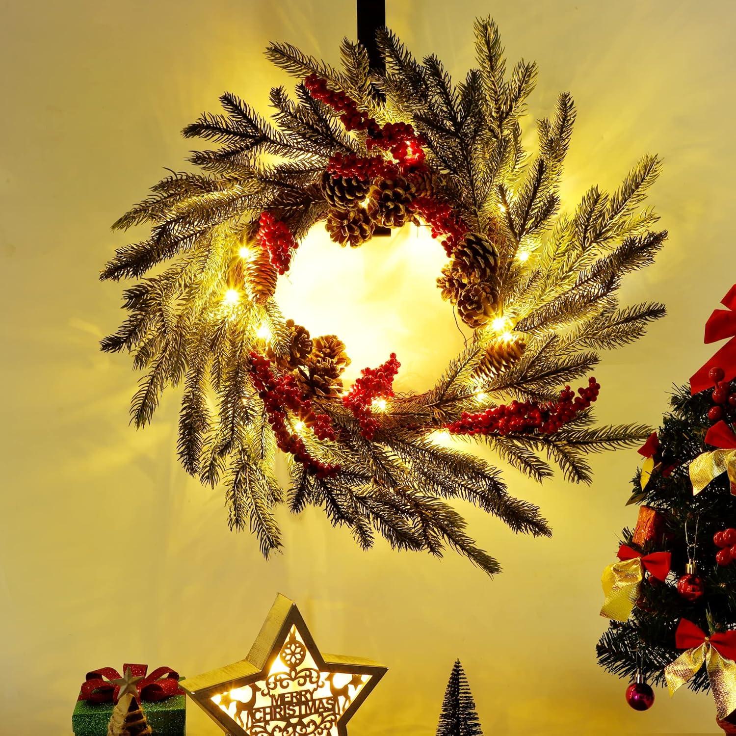 imagewinemana 24 Inch PreLit Christmas Wreath with Hanger Timer Pine Cone and Red Berries BatteryOperated 20 LED Lighted Artificial Wreath Decoration for Front Door Mantel Xmas Party