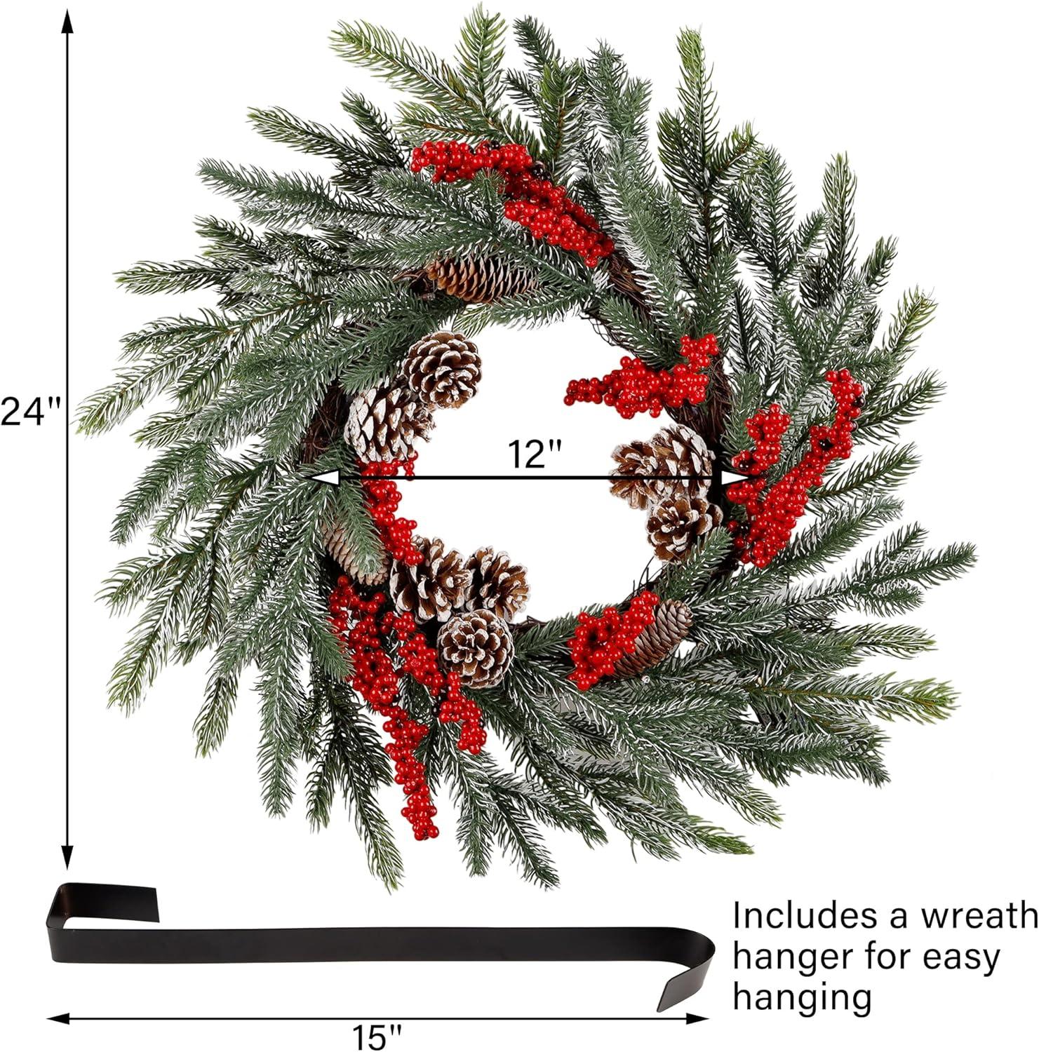 imagewinemana 24 Inch PreLit Christmas Wreath with Hanger Timer Pine Cone and Red Berries BatteryOperated 20 LED Lighted Artificial Wreath Decoration for Front Door Mantel Xmas Party
