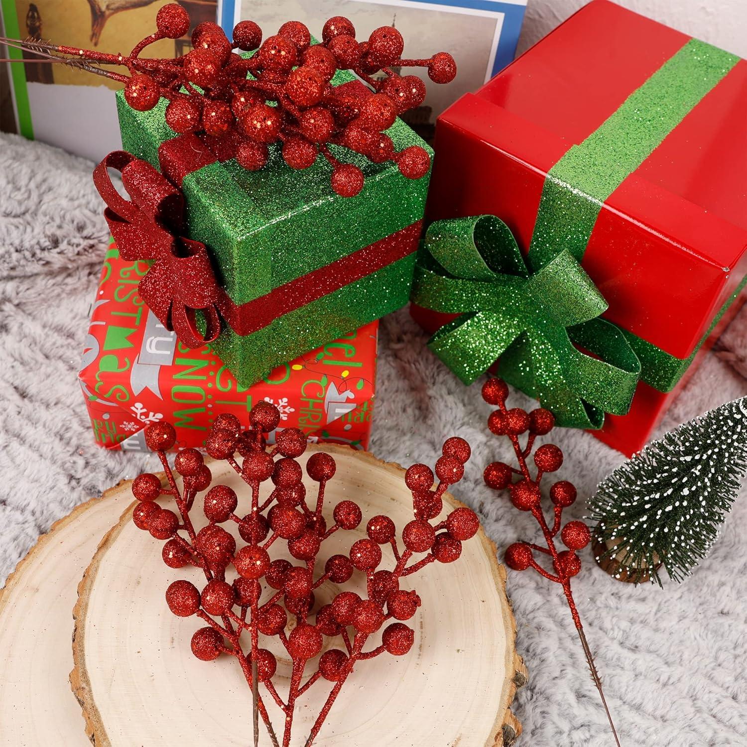 imagewinemana 24 Pack 8 Inch Christmas Glitter Faux Winter Berry Sprigs Artificial Sparking Red Berries Ornaments for Christmas Tree DIY Crafts Wreath Garland Decor RedRed2