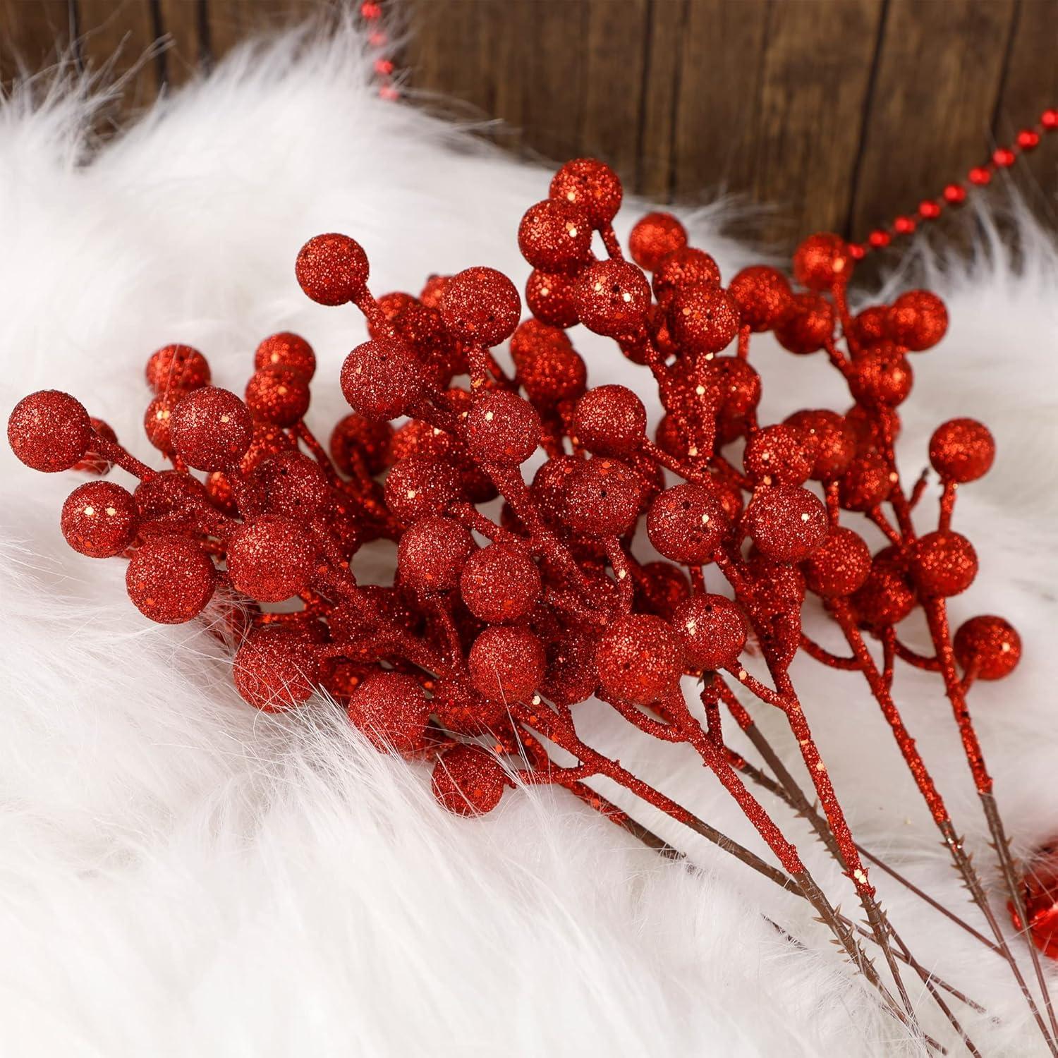 imagewinemana 24 Pack 8 Inch Christmas Glitter Faux Winter Berry Sprigs Artificial Sparking Red Berries Ornaments for Christmas Tree DIY Crafts Wreath Garland Decor RedRed2