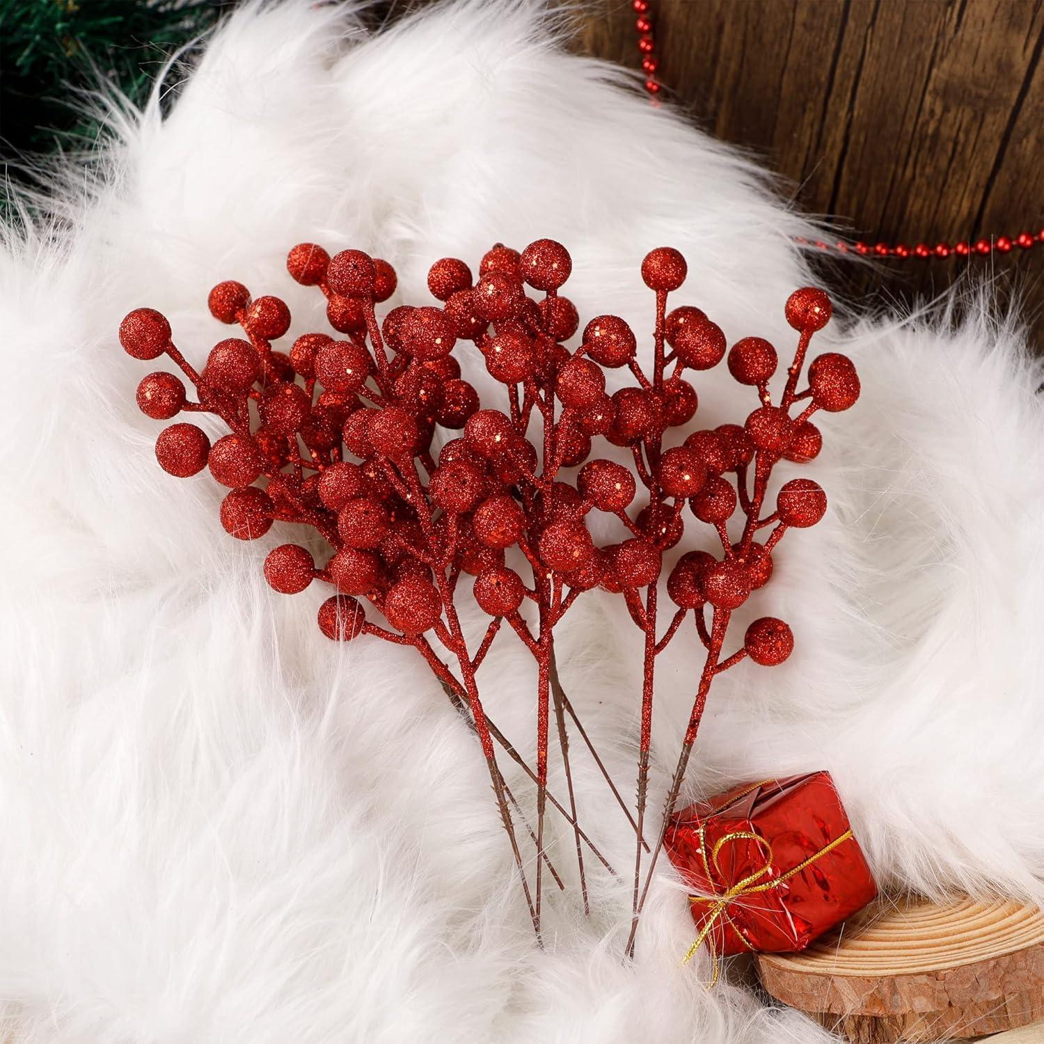 imagewinemana 24 Pack 8 Inch Christmas Glitter Faux Winter Berry Sprigs Artificial Sparking Red Berries Ornaments for Christmas Tree DIY Crafts Wreath Garland Decor RedRed2