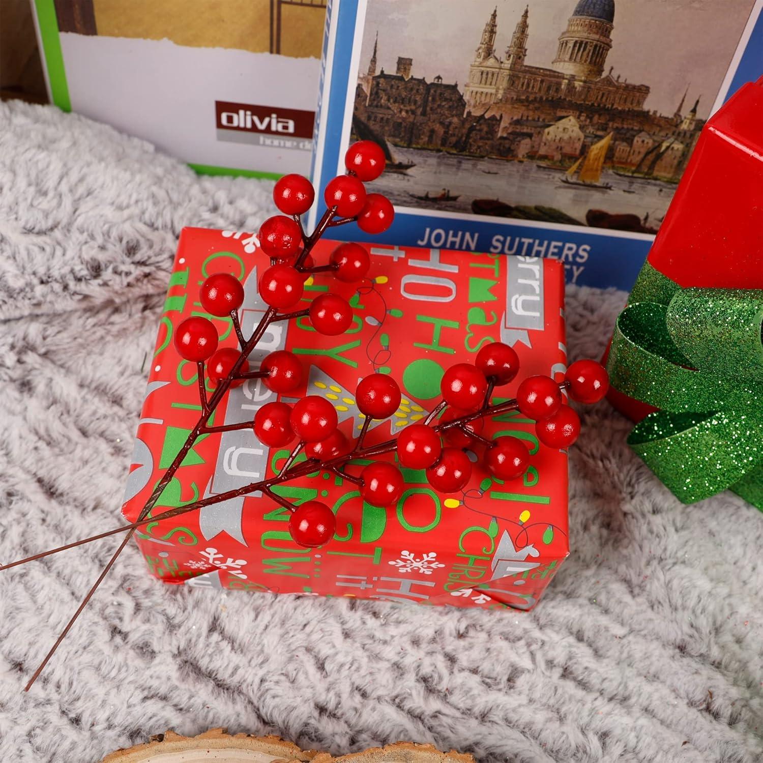 imagewinemana 24 Pack 8 Inch Christmas Glitter Faux Winter Berry Sprigs Artificial Sparking Red Berries Ornaments for Christmas Tree DIY Crafts Wreath Garland Decor RedRed1