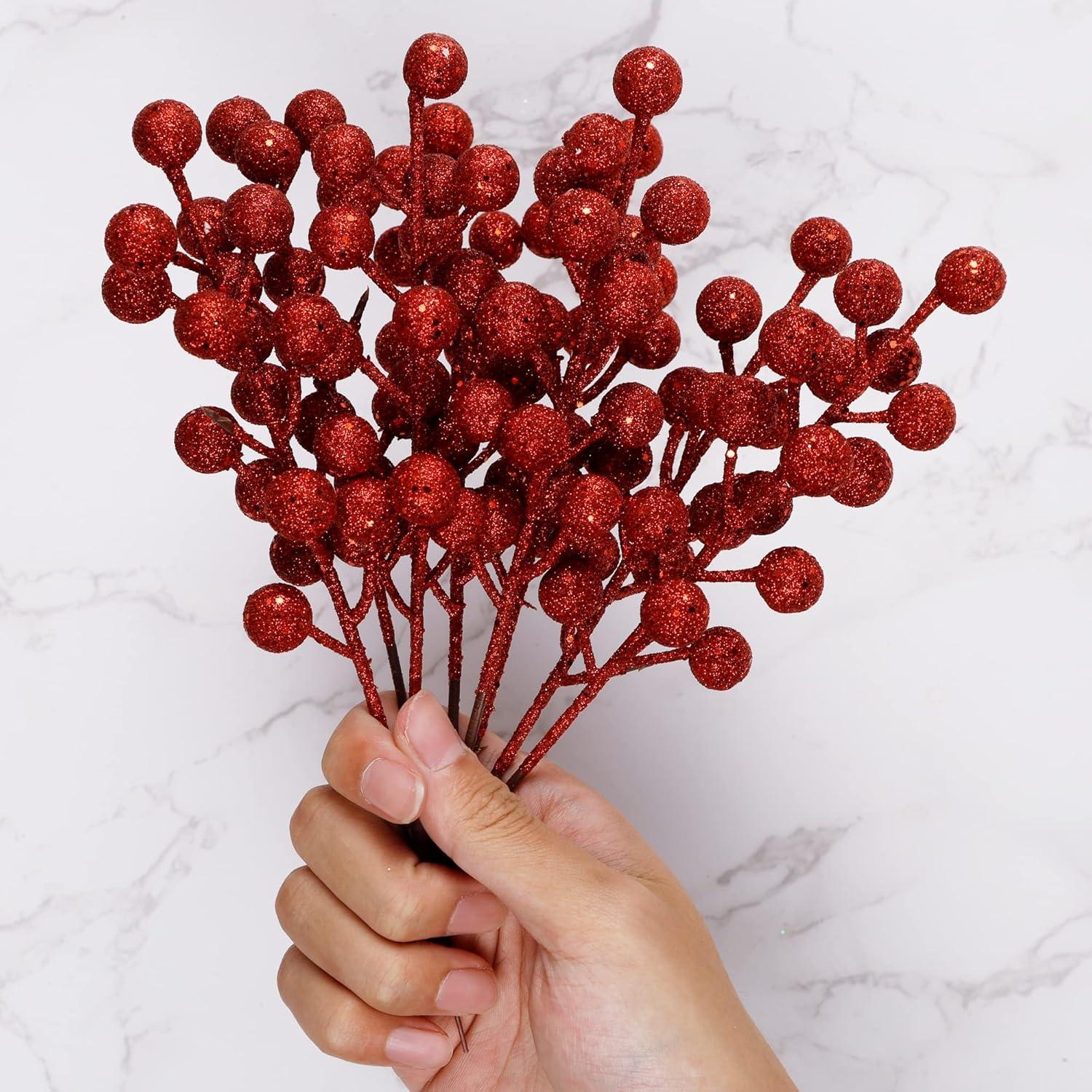 imagewinemana 24 Pack 8 Inch Christmas Glitter Faux Winter Berry Sprigs Artificial Sparking Red Berries Ornaments for Christmas Tree DIY Crafts Wreath Garland Decor RedRed2