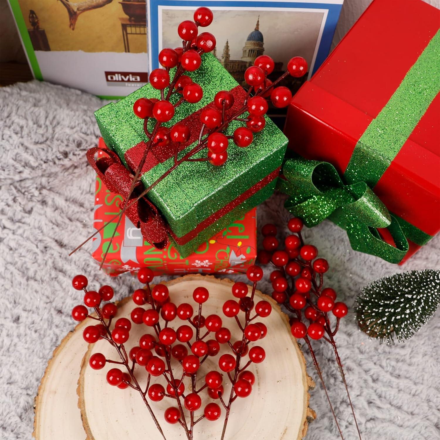 imagewinemana 24 Pack 8 Inch Christmas Glitter Faux Winter Berry Sprigs Artificial Sparking Red Berries Ornaments for Christmas Tree DIY Crafts Wreath Garland Decor RedRed1