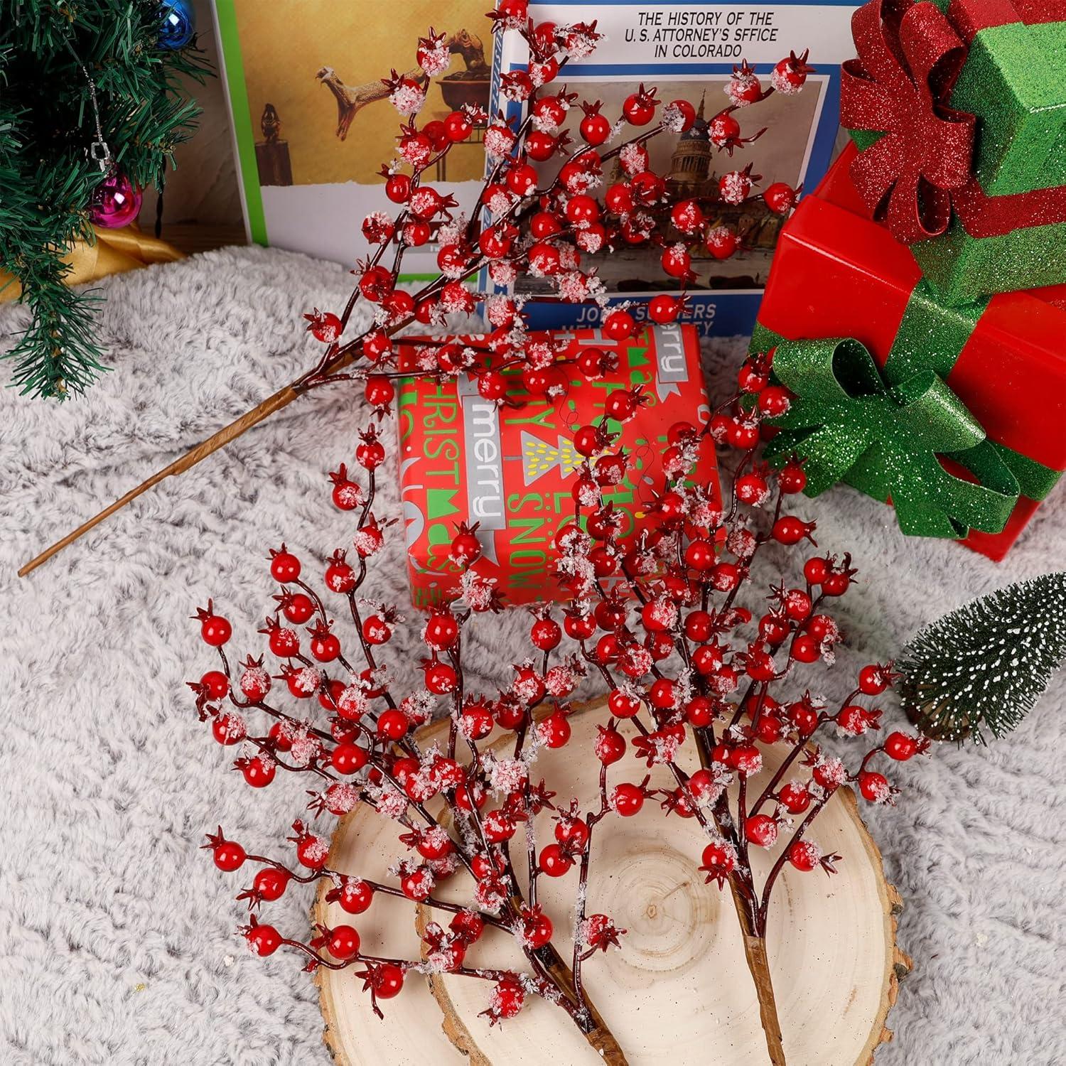 imagewinemana 24 Pack 8 Inch Christmas Glitter Faux Winter Berry Sprigs Artificial Sparking Red Berries Ornaments for Christmas Tree DIY Crafts Wreath Garland Decor RedRed3