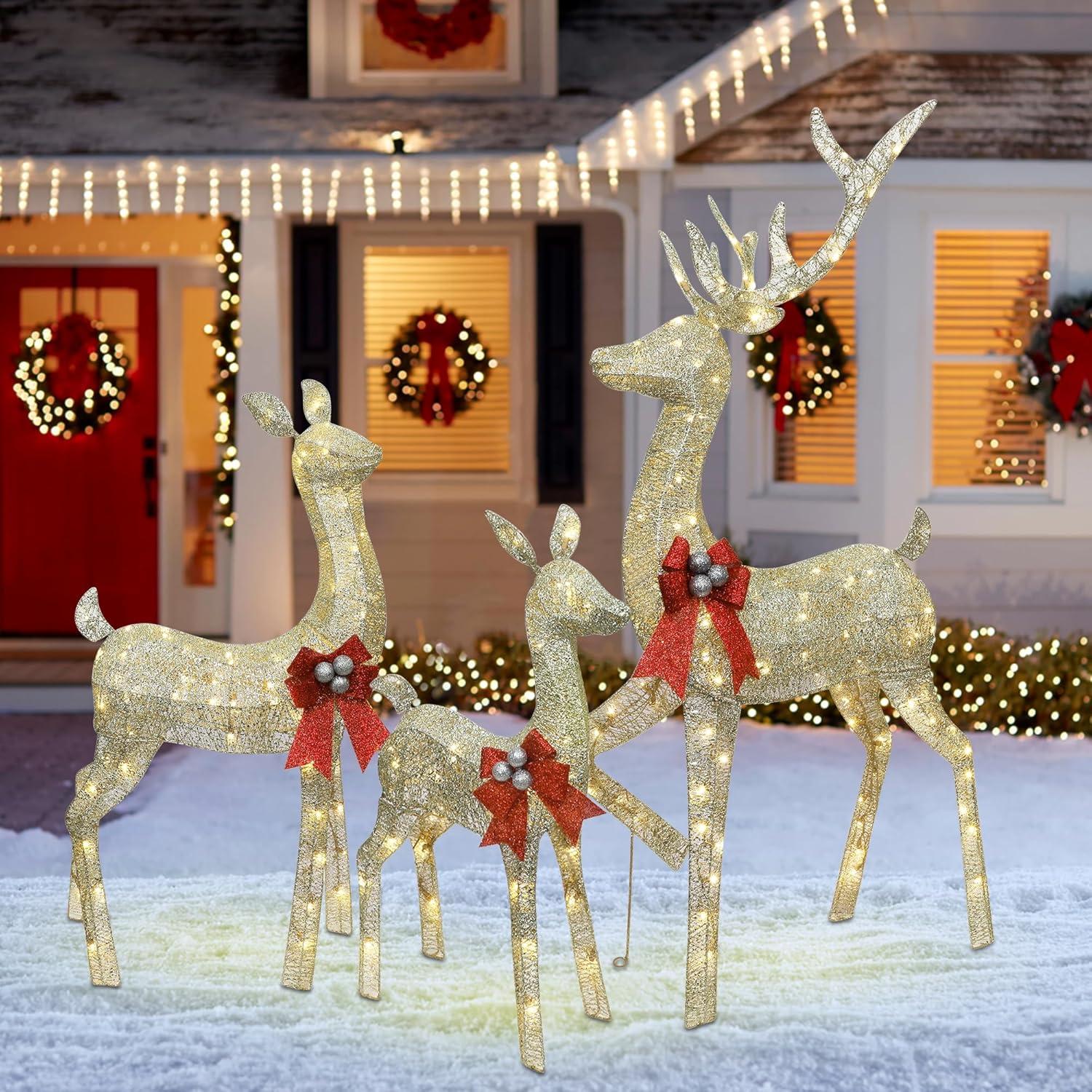 imagewinemana 3 Pcs Christmas Reindeer Decorations Outdoor Lighted Large Deer Yard Decor Light up 3D Deer Family Set for Outside Indoor Lawn Garden Xmas Holiday Party Gold