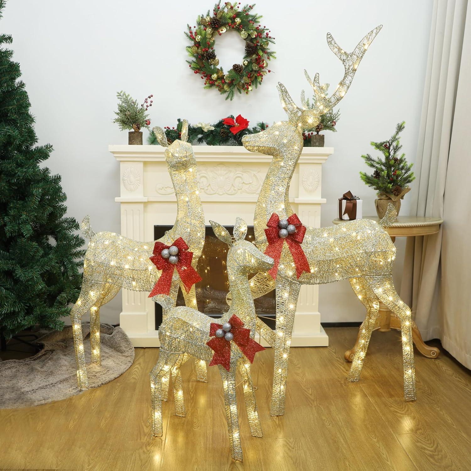 imagewinemana 3 Pcs Christmas Reindeer Decorations Outdoor Lighted Large Deer Yard Decor Light up 3D Deer Family Set for Outside Indoor Lawn Garden Xmas Holiday Party Gold