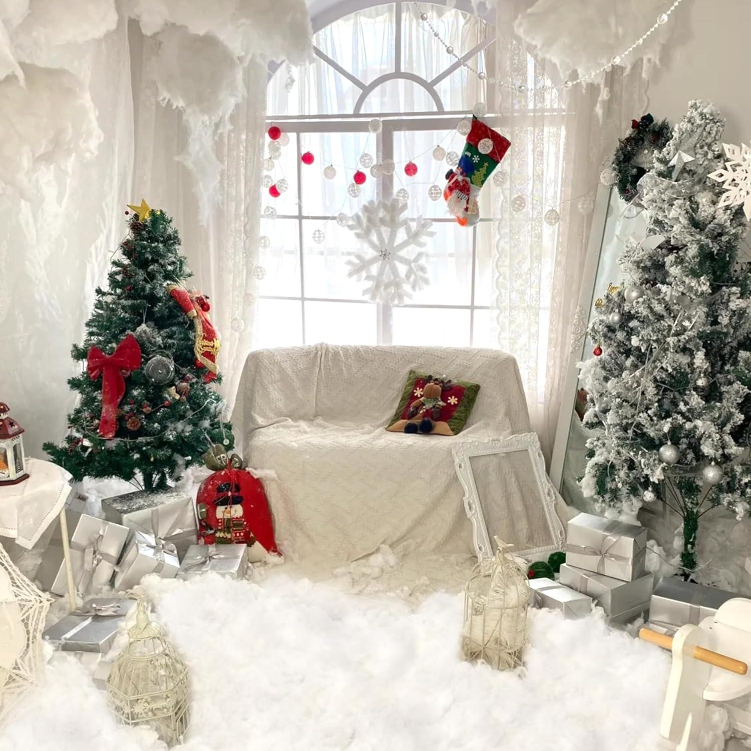 imagewinemana 30oz Christmas Fake Snow Decor Artificial Snow for Indoor Decorating Cotton Like Fluffy Snow Stuffing for Winter Mantle Village Houses Christmas Tree Craft White Snow Decor