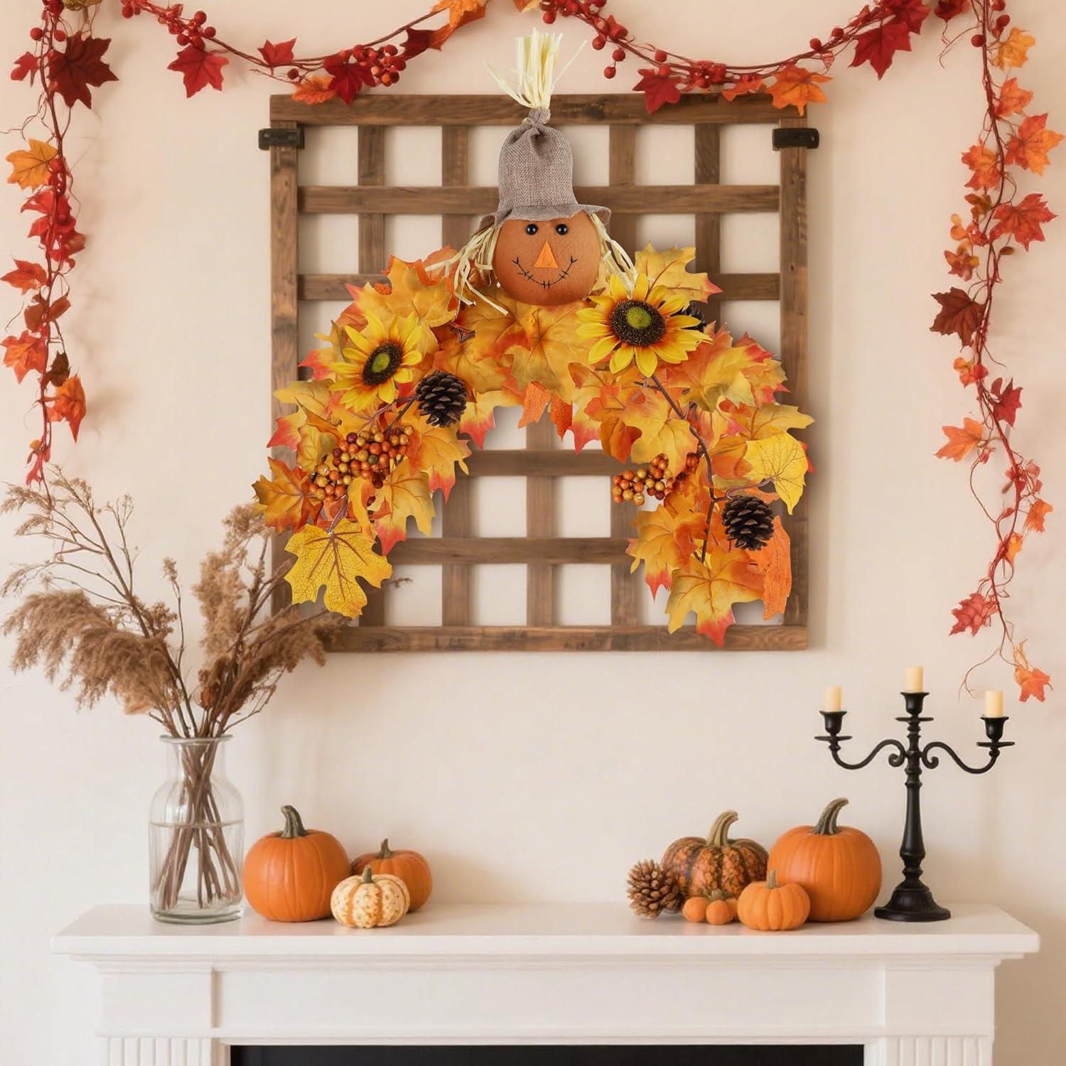 imagewinemana 315in Outdoor Fall Decor for Mailbox Lighted Fall Swag with 8 Modes ampamp Timer Autumn Scarecrow ampamp Sunflower Thanksgiving Table Centerpiece Decorations