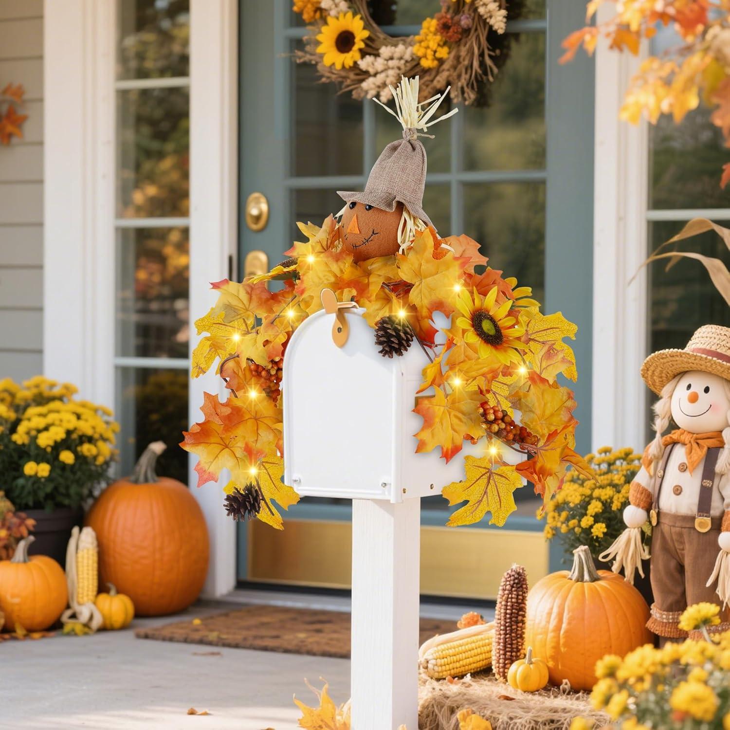 imagewinemana 315in Outdoor Fall Decor for Mailbox Lighted Fall Swag with 8 Modes ampamp Timer Autumn Scarecrow ampamp Sunflower Thanksgiving Table Centerpiece Decorations