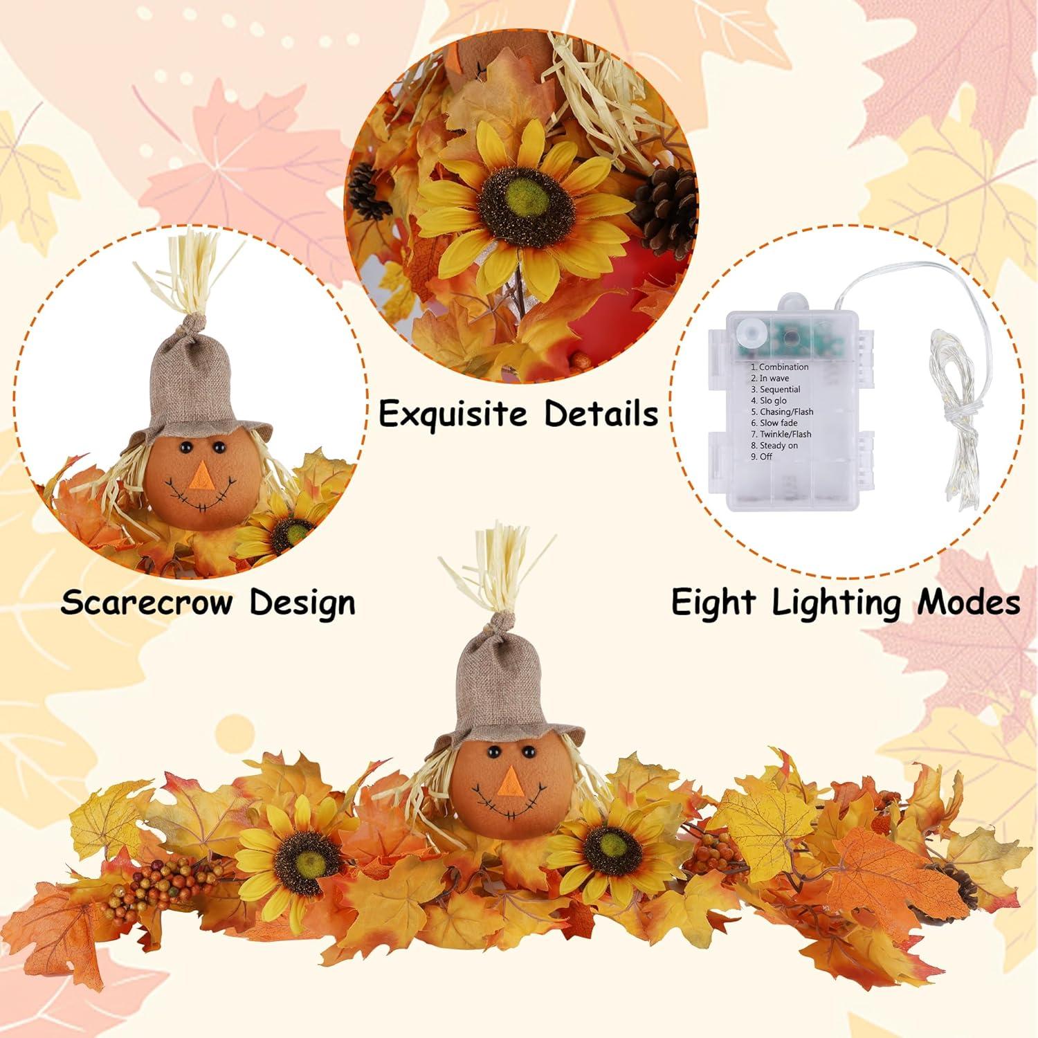 imagewinemana 315in Outdoor Fall Decor for Mailbox Lighted Fall Swag with 8 Modes ampamp Timer Autumn Scarecrow ampamp Sunflower Thanksgiving Table Centerpiece Decorations