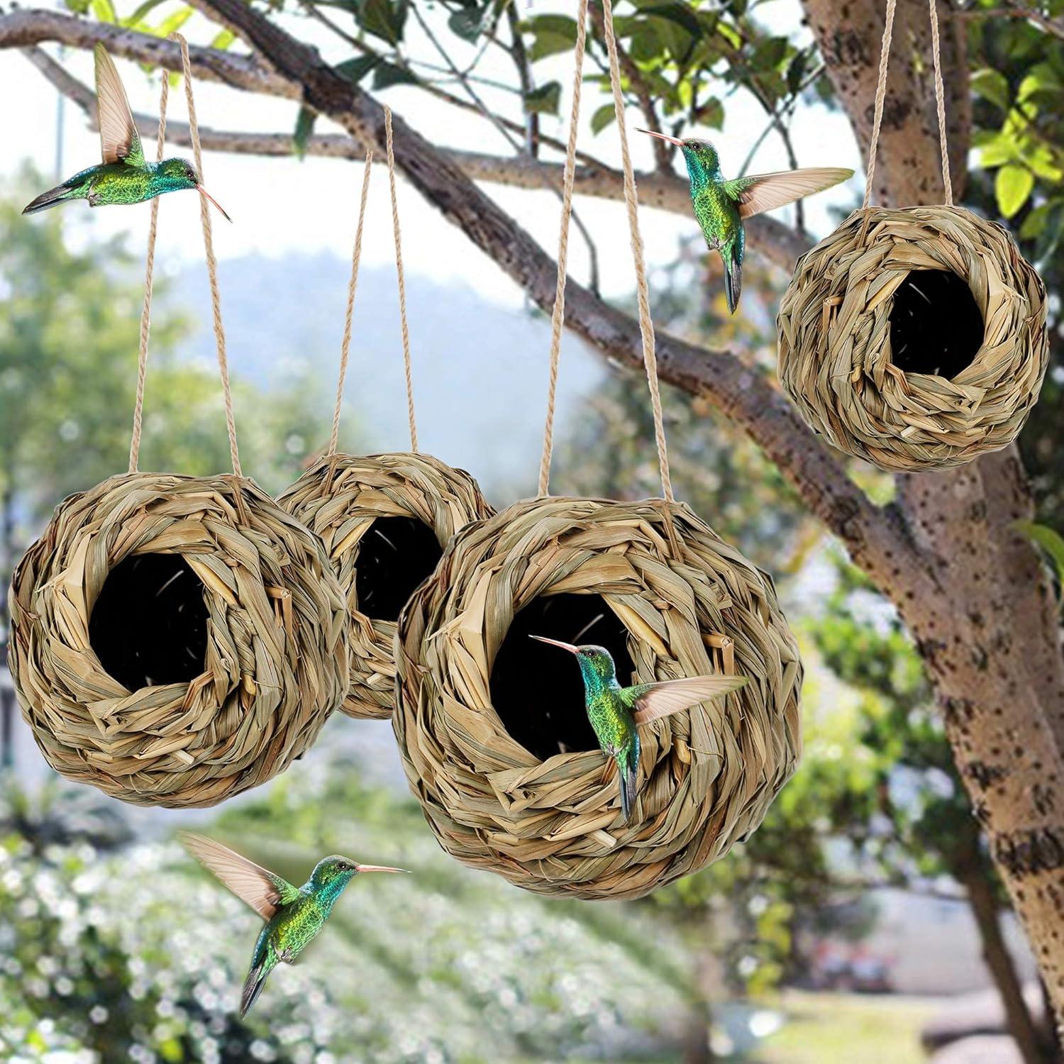 imagewinemana 4 Pack Hanging Bird Nest House for Outside Ball Shape Hand Woven Durable Sturdy Made of Natural Grass Perfect for Garden Patio Lawn Office Indoor4 Pack Hanging Hummingbird House