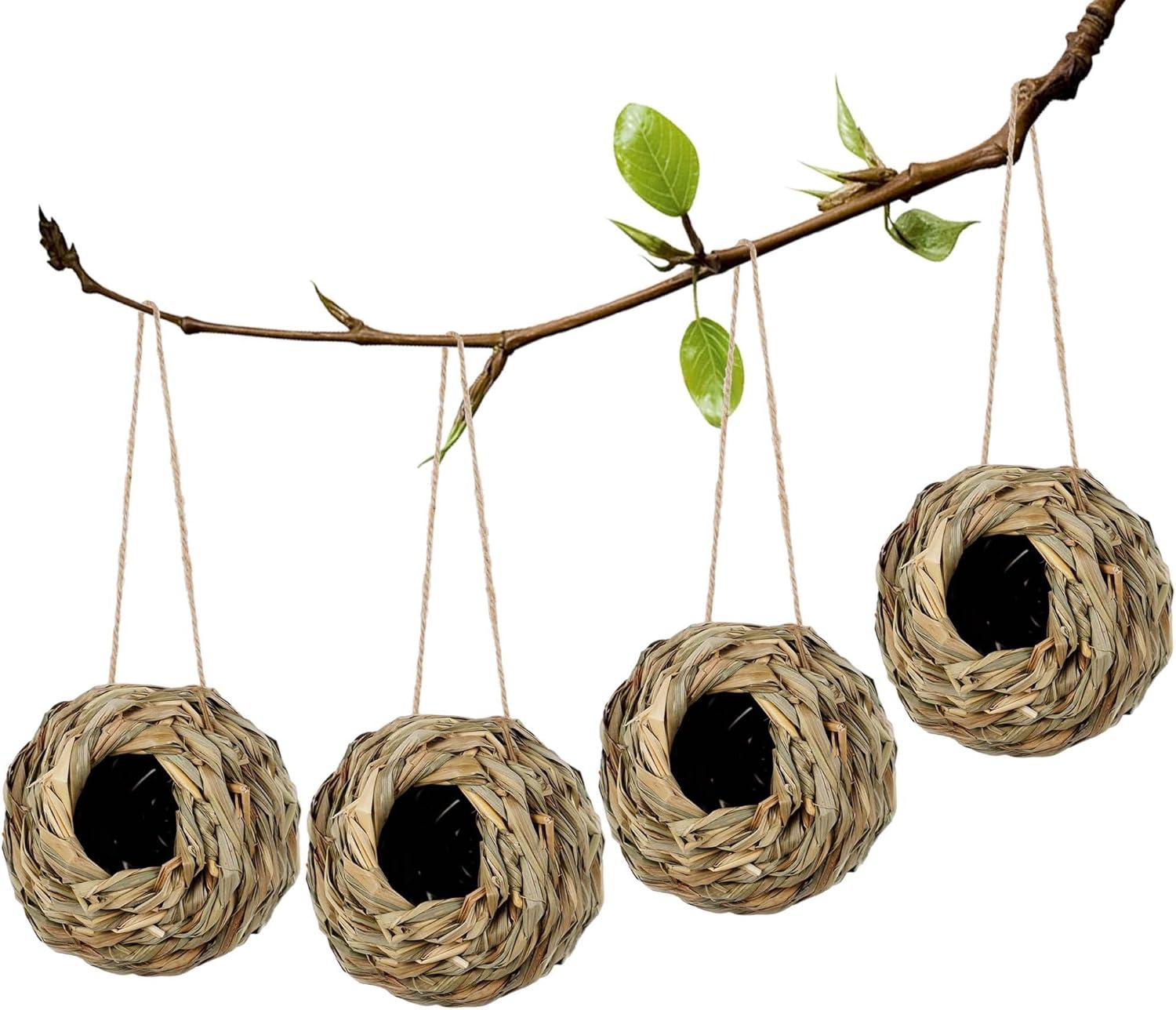 imagewinemana 4 Pack Hanging Bird Nest House for Outside Ball Shape Hand Woven Durable Sturdy Made of Natural Grass Perfect for Garden Patio Lawn Office Indoor4 Pack Hanging Hummingbird House