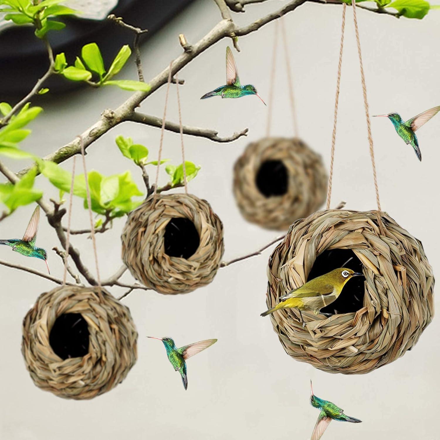 imagewinemana 4 Pack Hanging Bird Nest House for Outside Ball Shape Hand Woven Durable Sturdy Made of Natural Grass Perfect for Garden Patio Lawn Office Indoor4 Pack Hanging Hummingbird House