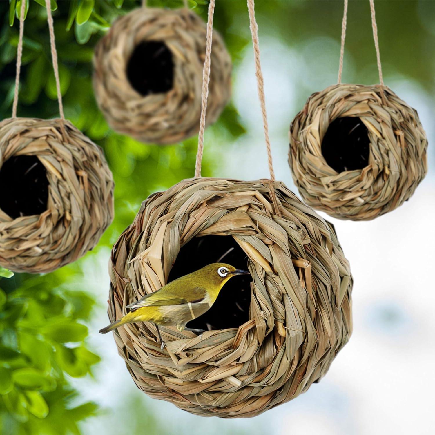 imagewinemana 4 Pack Hanging Bird Nest House for Outside Ball Shape Hand Woven Durable Sturdy Made of Natural Grass Perfect for Garden Patio Lawn Office Indoor4 Pack Hanging Hummingbird House