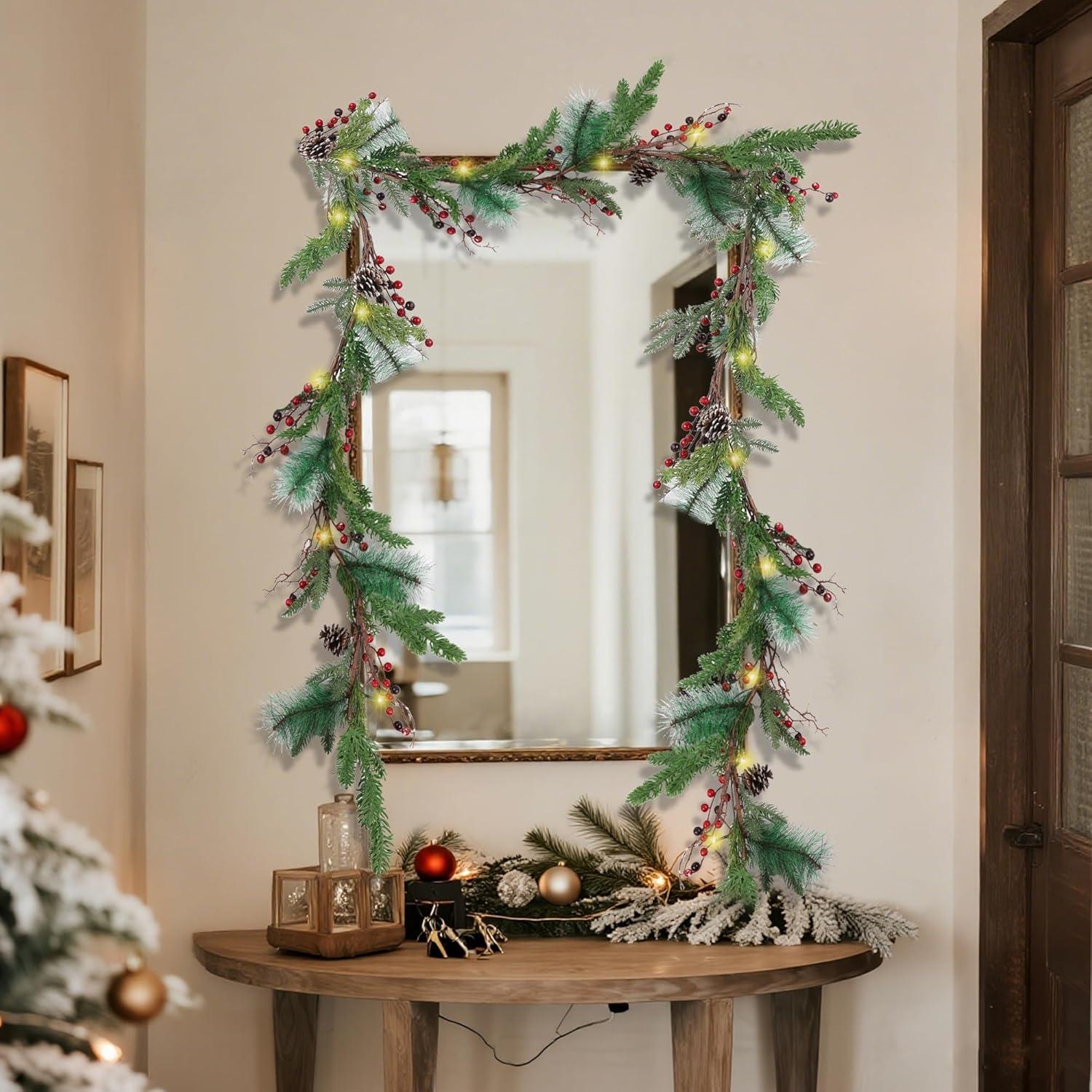 imagewinemana 6 FT Prelit Artificial Christmas Garland with 20 LED Lights Battery Powered with Pine Cones Red Berries Pine Needles Lighted Christmas Garlands for Fireplace Mantle Holiday Decorations