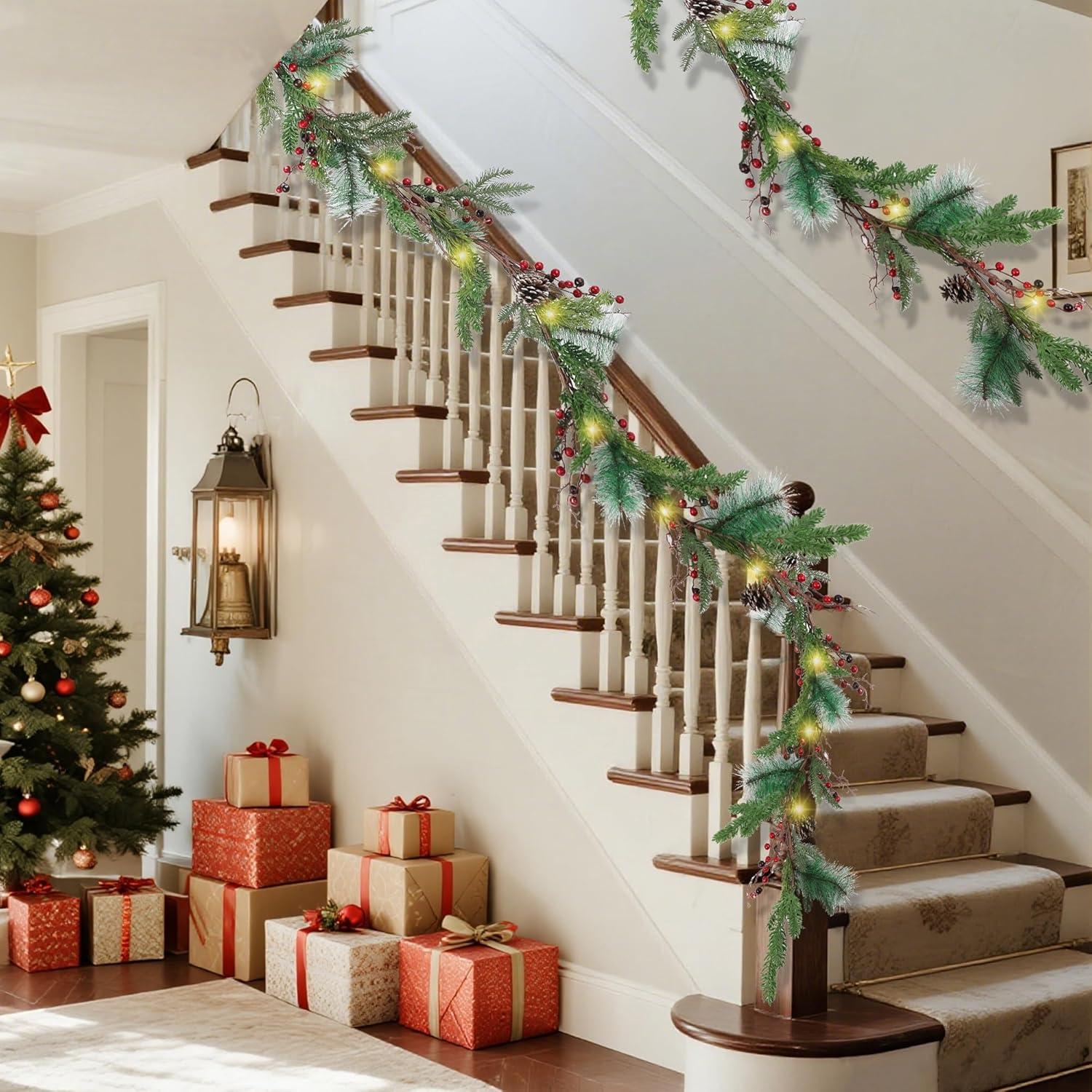 imagewinemana 6 FT Prelit Artificial Christmas Garland with 20 LED Lights Battery Powered with Pine Cones Red Berries Pine Needles Lighted Christmas Garlands for Fireplace Mantle Holiday Decorations