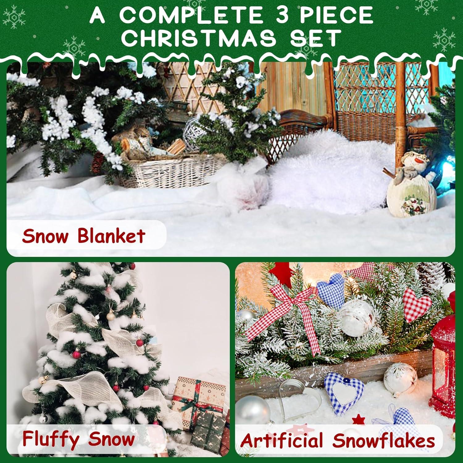 imagewinemana Christmas Fake Snow 3Piece Set Decorations Snow Blanket Roll Artificial Snowflakes Fluffy Snow for Christmas Village Houses Display Winter White Wonderland Kitchen Table Top Decor