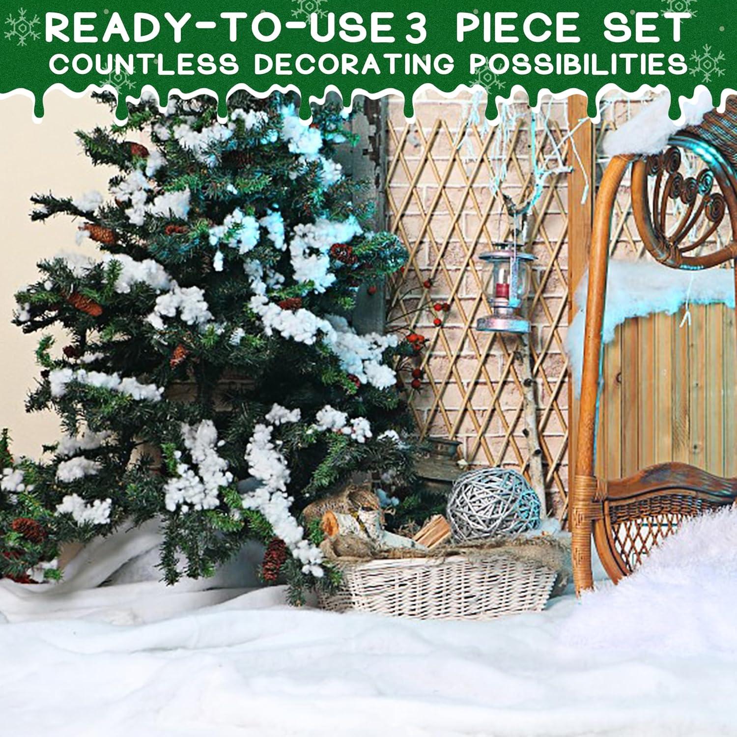 imagewinemana Christmas Fake Snow 3Piece Set Decorations Snow Blanket Roll Artificial Snowflakes Fluffy Snow for Christmas Village Houses Display Winter White Wonderland Kitchen Table Top Decor