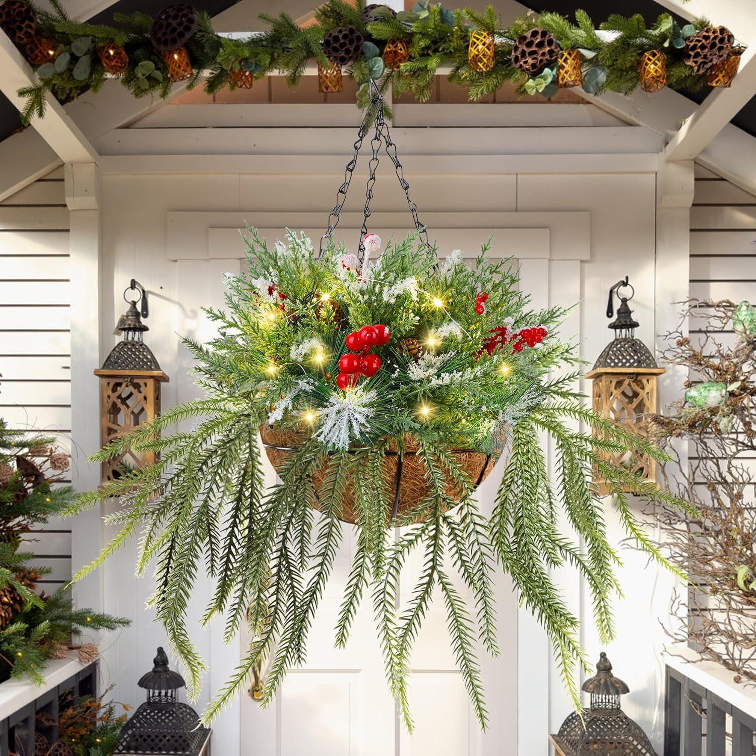 imagewinemana Christmas Hanging Basket Decorations PreLit Hanging Baskets Artificial Plant with Lights Timer Norfolk Pine Cones Berry Clusters for Front Porch Outdoor Winter Christmas Xmas Decoration