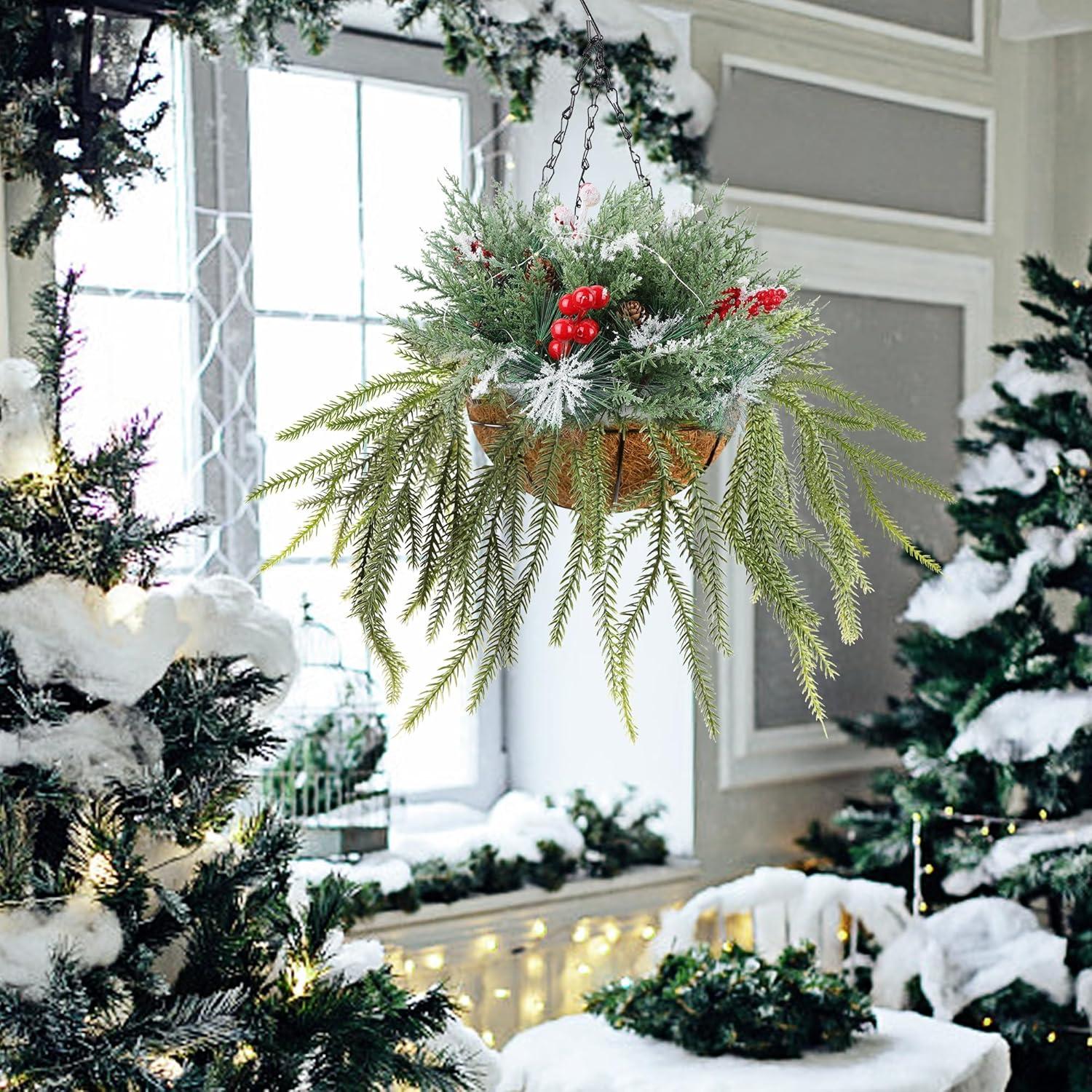 imagewinemana Christmas Hanging Basket Decorations PreLit Hanging Baskets Artificial Plant with Lights Timer Norfolk Pine Cones Berry Clusters for Front Porch Outdoor Winter Christmas Xmas Decoration