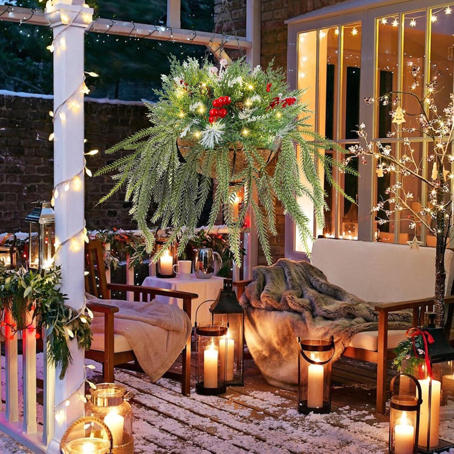 imagewinemana Christmas Hanging Basket Decorations PreLit Hanging Baskets Artificial Plant with Lights Timer Norfolk Pine Cones Berry Clusters for Front Porch Outdoor Winter Christmas Xmas Decoration