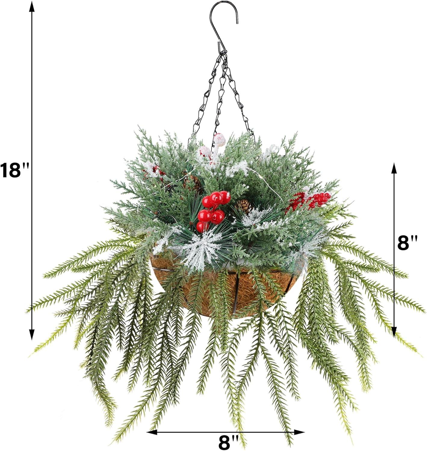 imagewinemana Christmas Hanging Basket Decorations PreLit Hanging Baskets Artificial Plant with Lights Timer Norfolk Pine Cones Berry Clusters for Front Porch Outdoor Winter Christmas Xmas Decoration
