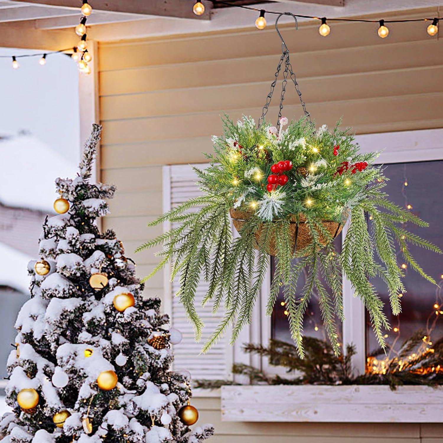 imagewinemana Christmas Hanging Basket Decorations PreLit Hanging Baskets Artificial Plant with Lights Timer Norfolk Pine Cones Berry Clusters for Front Porch Outdoor Winter Christmas Xmas Decoration