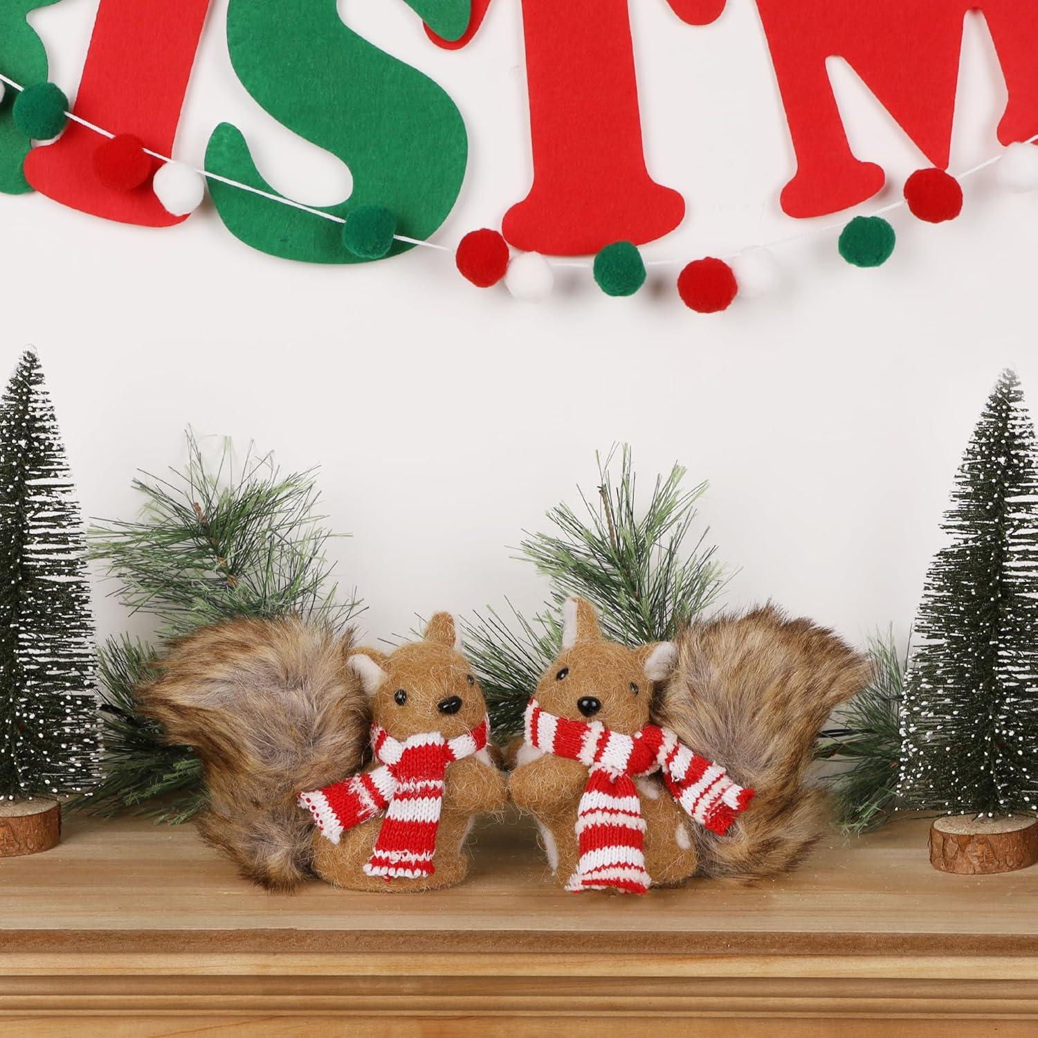 imagewinemana Christmas Squirrel Table Decor Set of 2 Squirrel Ornaments Woodland Animals Figurine with Scarf Christmas Winter Holiday Decorations for Indoor Home Mantle Office Xmas Gifts