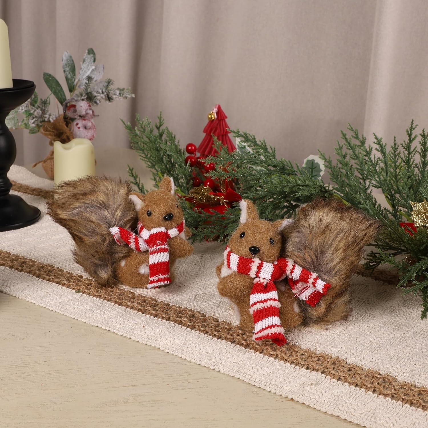 imagewinemana Christmas Squirrel Table Decor Set of 2 Squirrel Ornaments Woodland Animals Figurine with Scarf Christmas Winter Holiday Decorations for Indoor Home Mantle Office Xmas Gifts