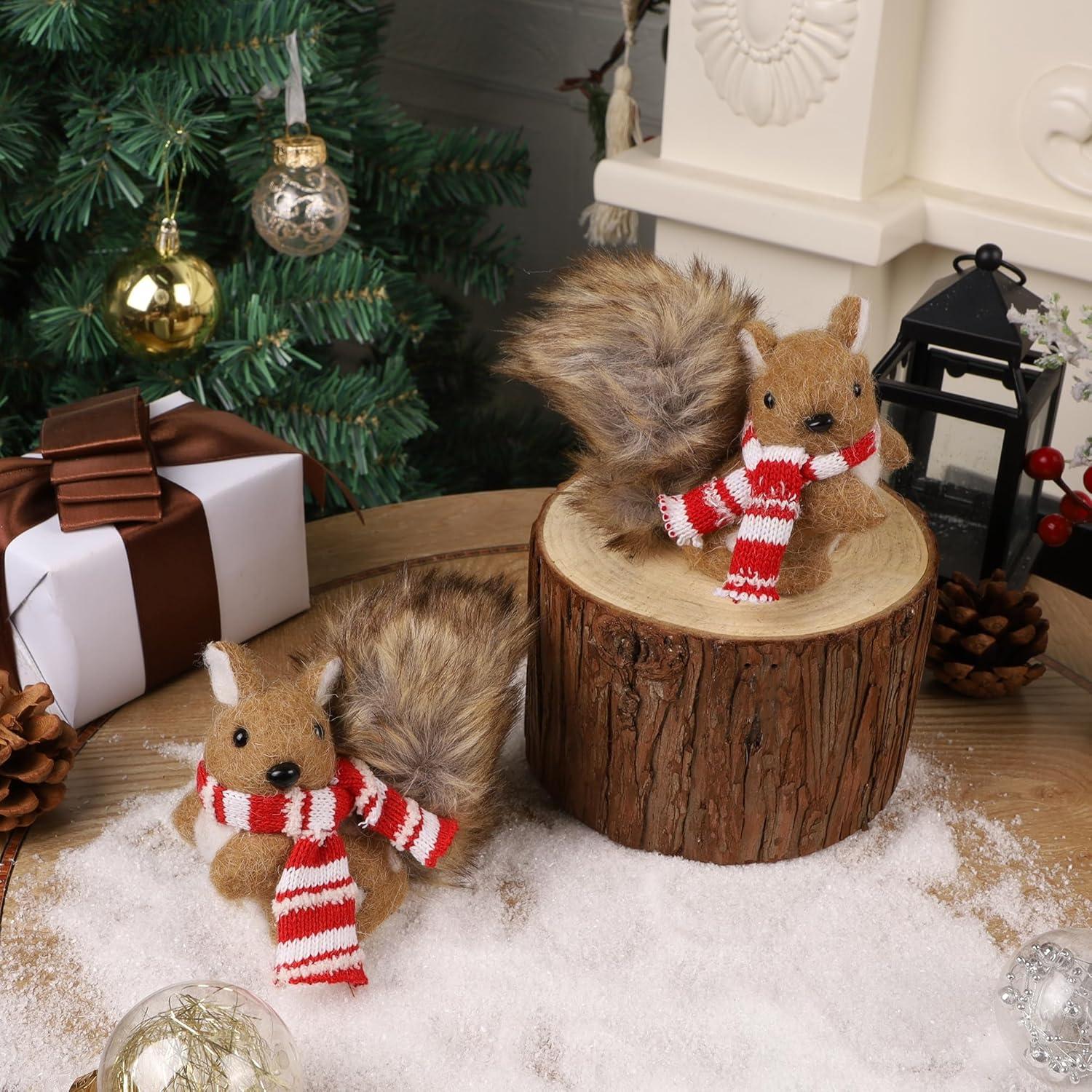 imagewinemana Christmas Squirrel Table Decor Set of 2 Squirrel Ornaments Woodland Animals Figurine with Scarf Christmas Winter Holiday Decorations for Indoor Home Mantle Office Xmas Gifts