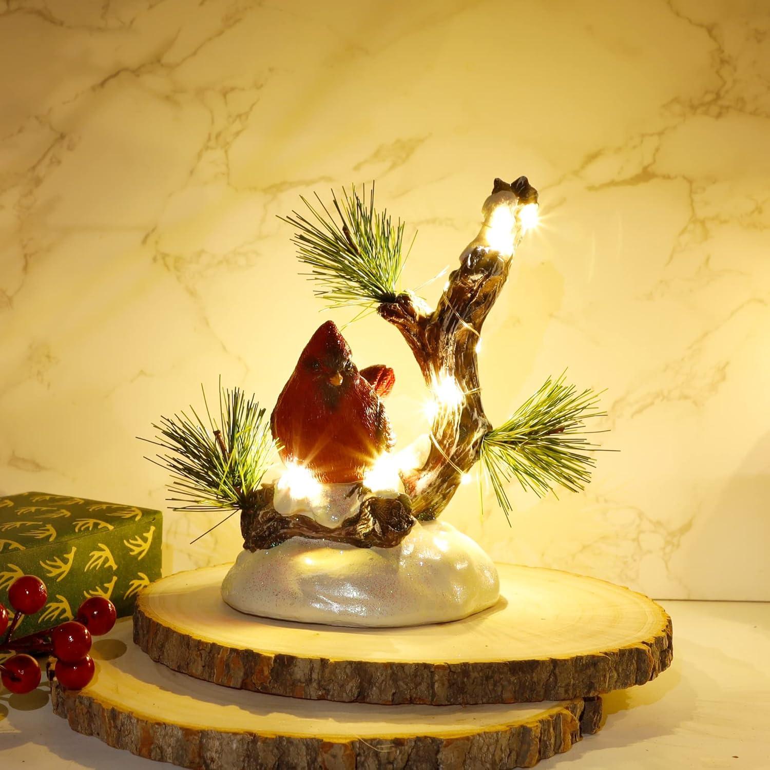 imagewinemana Christmas Tabletop Decorations LED Lights Cardinal Resin Ornament Lighted Red Bird on Snowy Pine Tree Holiday Decor for Indoor Home Table Desk Kitchen Room Xmas Party