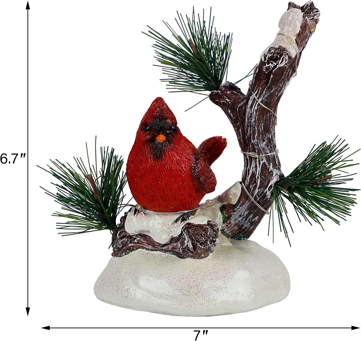 imagewinemana Christmas Tabletop Decorations LED Lights Cardinal Resin Ornament Lighted Red Bird on Snowy Pine Tree Holiday Decor for Indoor Home Table Desk Kitchen Room Xmas Party
