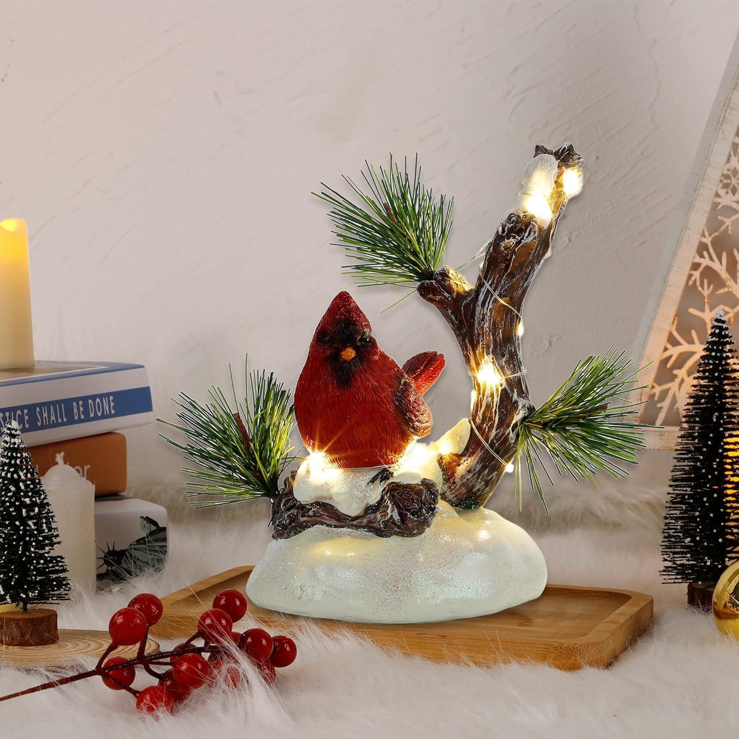 imagewinemana Christmas Tabletop Decorations LED Lights Cardinal Resin Ornament Lighted Red Bird on Snowy Pine Tree Holiday Decor for Indoor Home Table Desk Kitchen Room Xmas Party