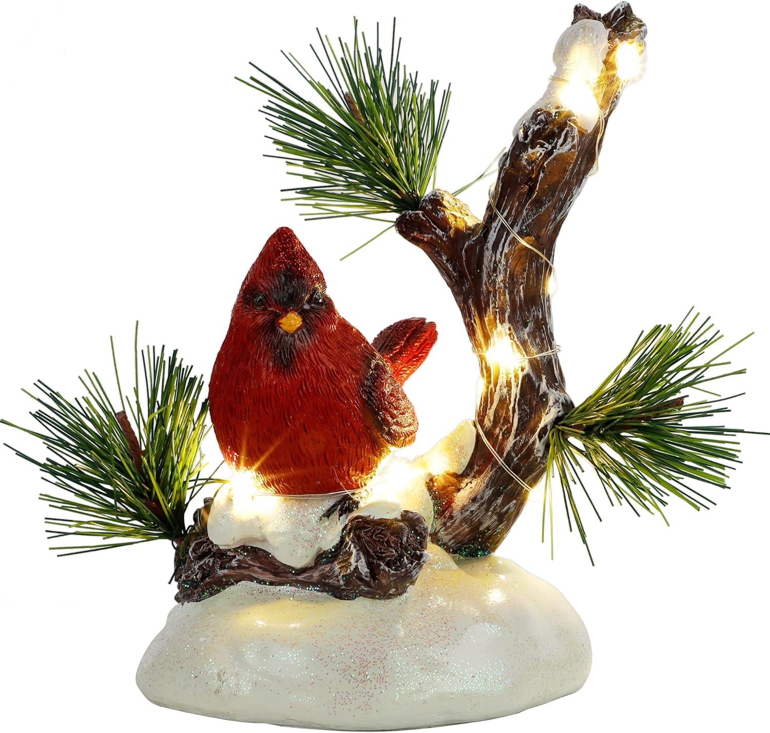 imagewinemana Christmas Tabletop Decorations LED Lights Cardinal Resin Ornament Lighted Red Bird on Snowy Pine Tree Holiday Decor for Indoor Home Table Desk Kitchen Room Xmas Party