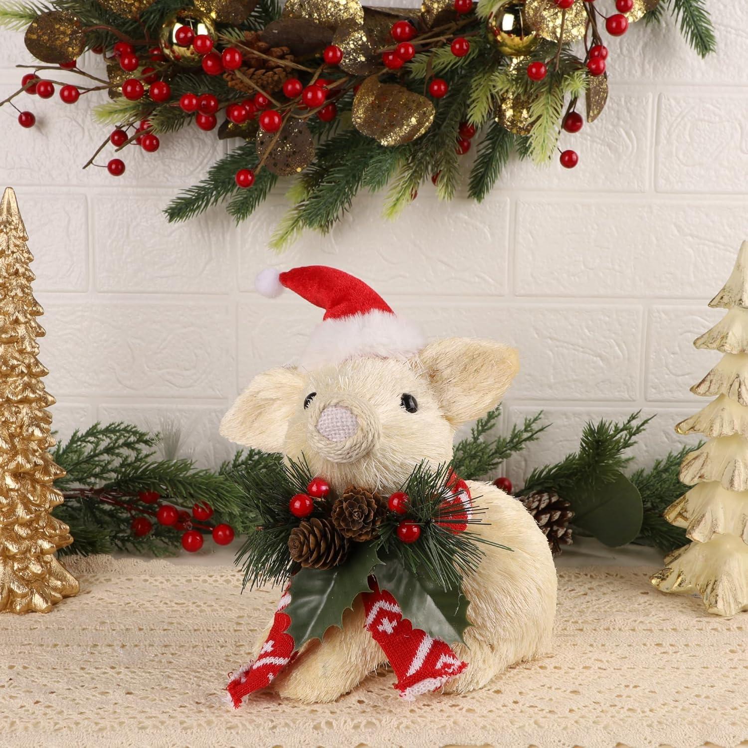 imagewinemana Christmas Tabletop Decorations Sisal Pig Figurine with Santa Hat Scarf for Home Rustic Farmhouse Christmas Ornaments Xmas Holiday Winter Decor for Indoor Office Shelf Mantle Centerpieces