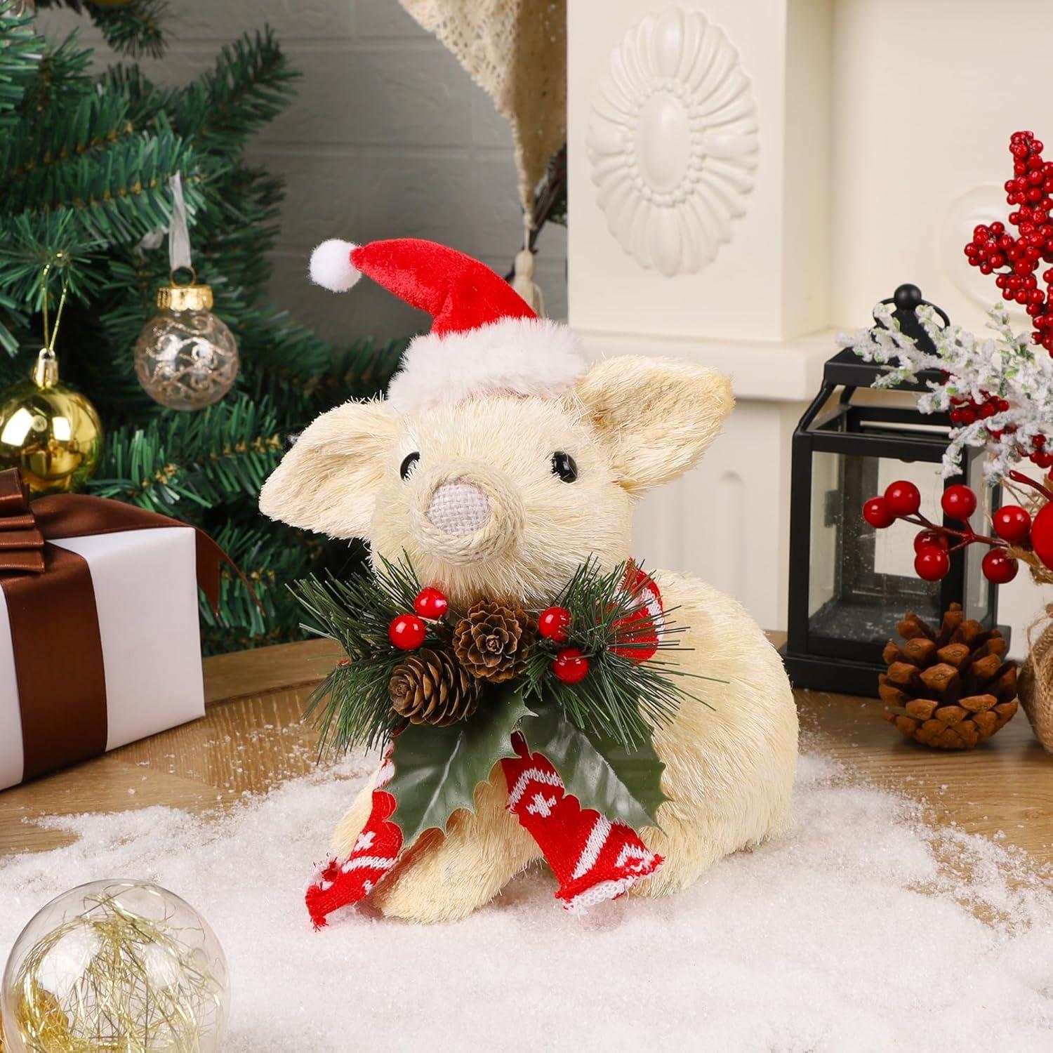 imagewinemana Christmas Tabletop Decorations Sisal Pig Figurine with Santa Hat Scarf for Home Rustic Farmhouse Christmas Ornaments Xmas Holiday Winter Decor for Indoor Office Shelf Mantle Centerpieces